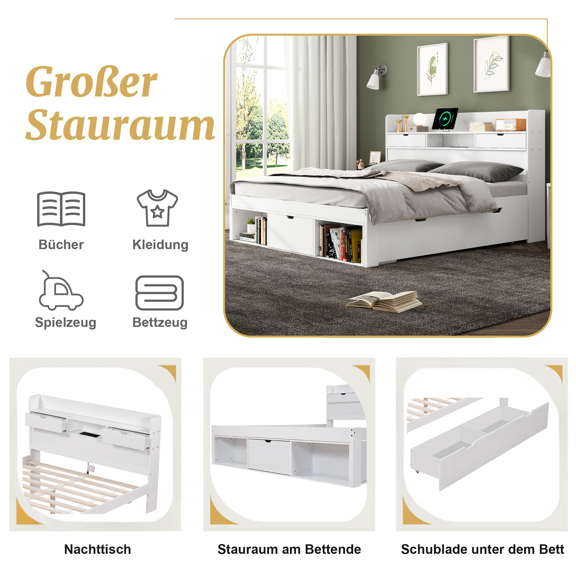 Logidon bed 135x190 cm met USB oplaadpunt en opbergruimte wit