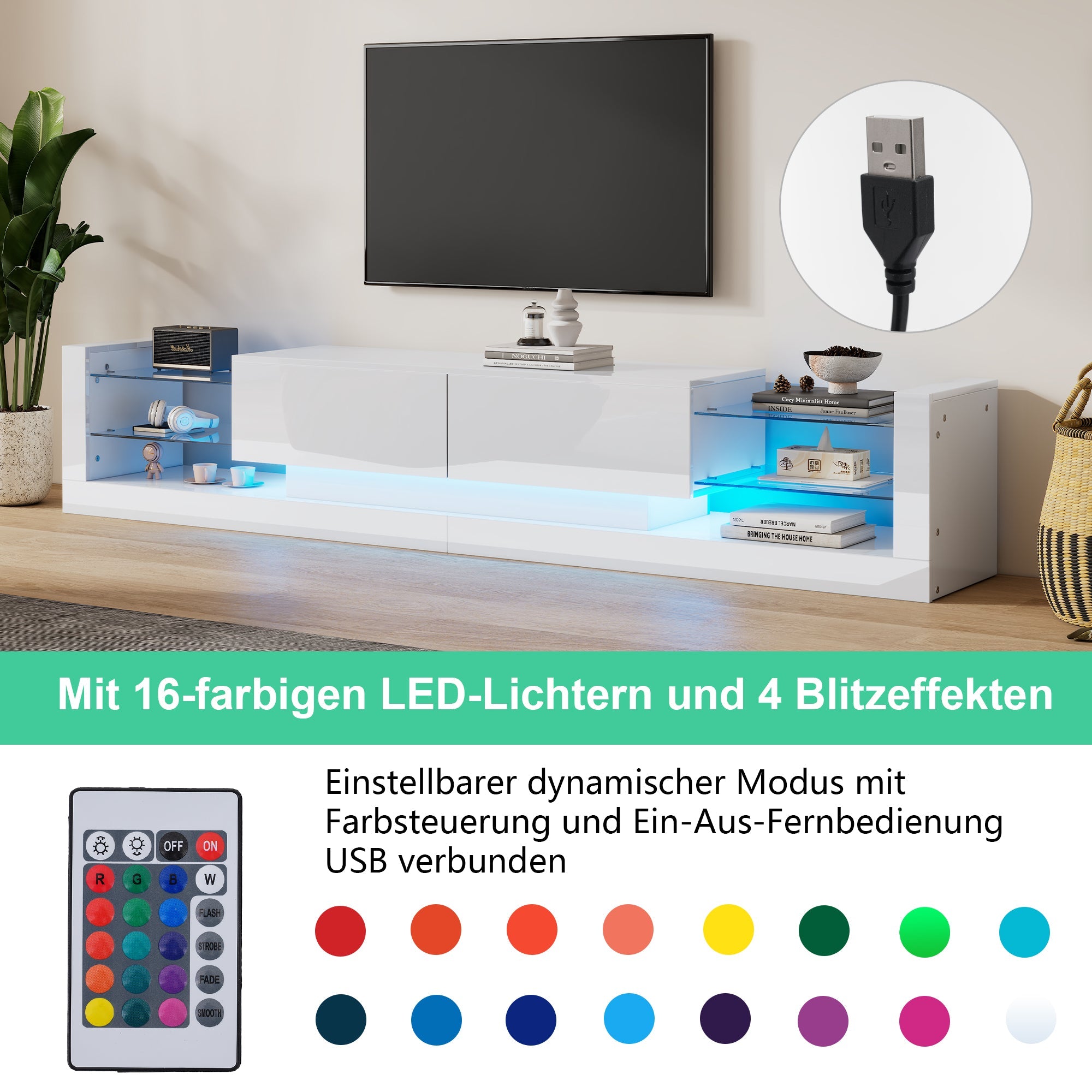 Logidon hoogglans TV-meubel met LED-verlichting 181 cm wit glazen front