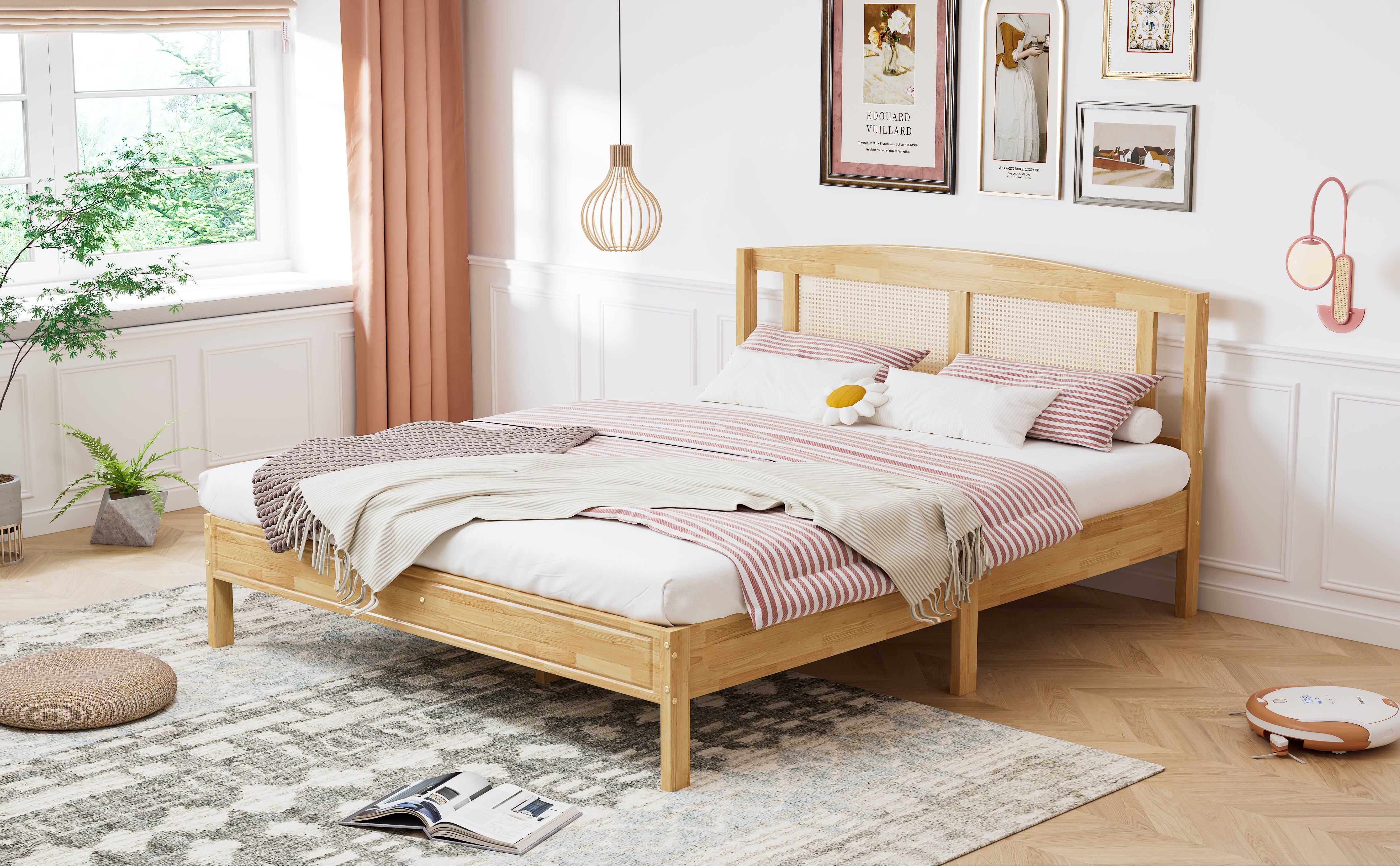 Logidon double bed 160x200 cm wood with natural rattan 15 slats