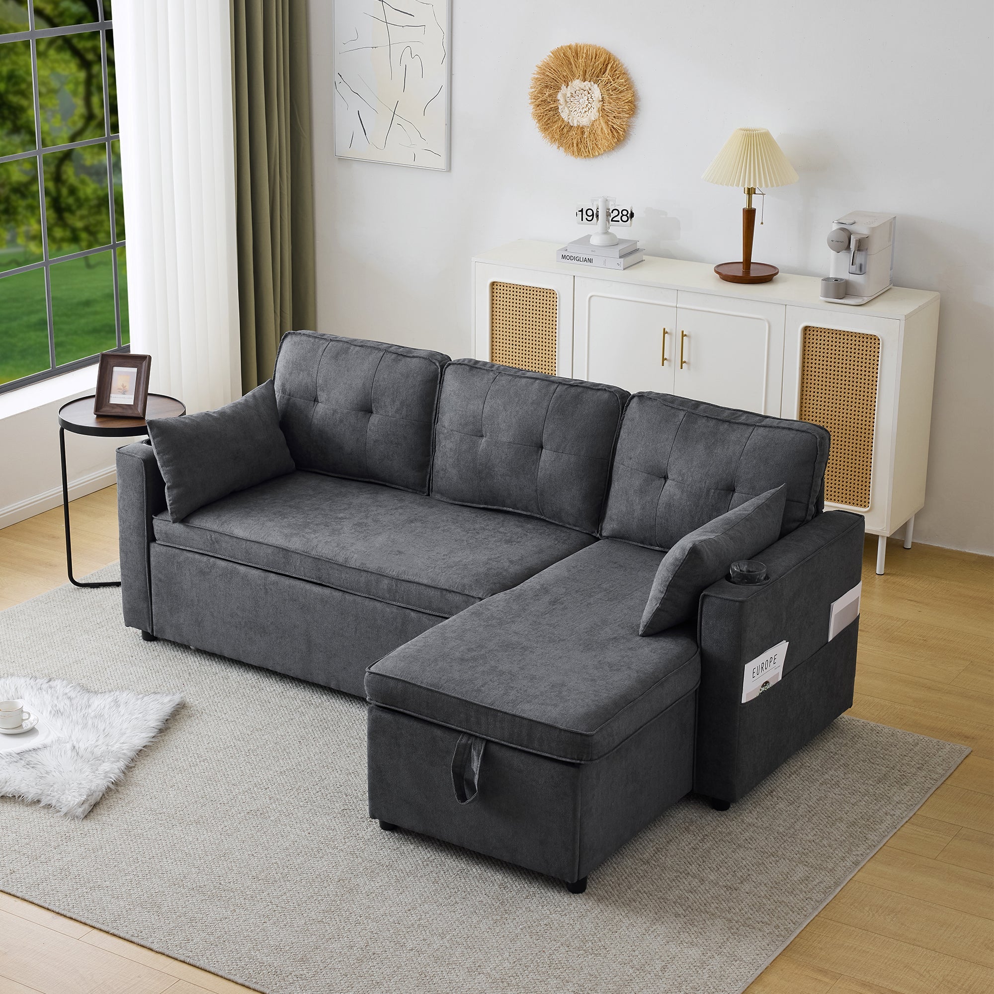 Logidon sofa bed gray L-shape with storage space and cup holder
