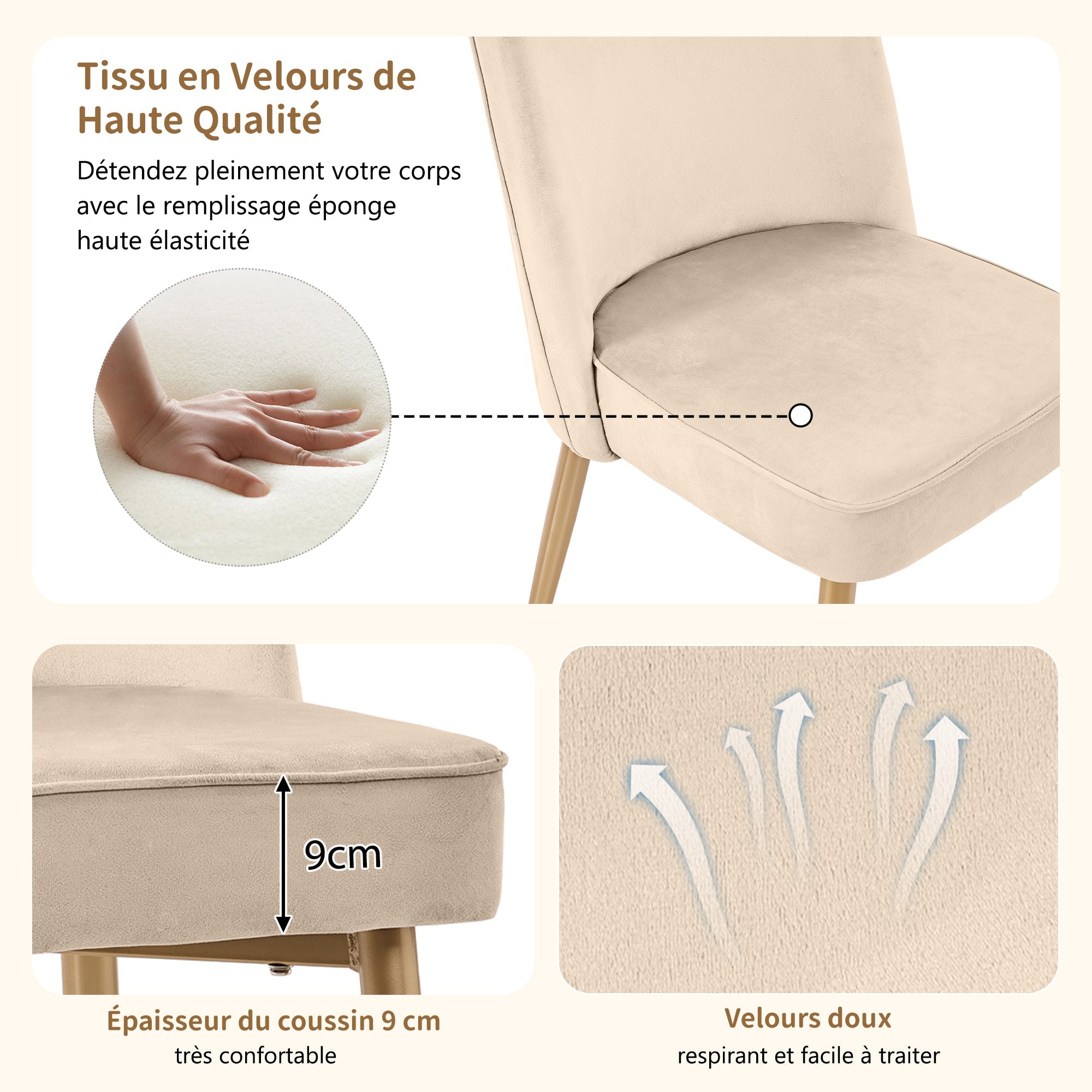 Logidon Set van 2 eetkamerstoelen beige fluweel met gouden poten