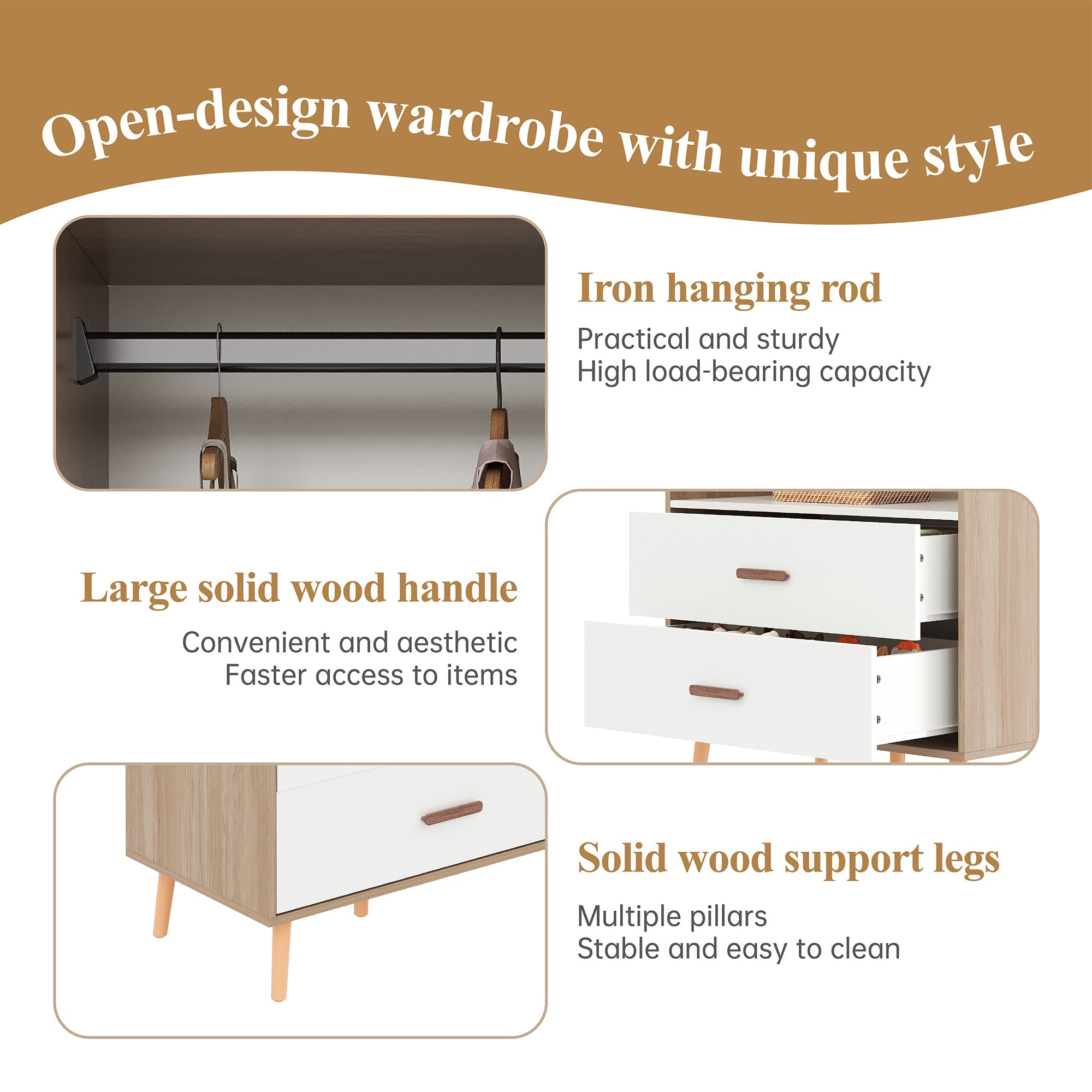 Logidon Children's Wardrobe Sliding Door Open Wardrobe White Natural Wood 141.5 cm