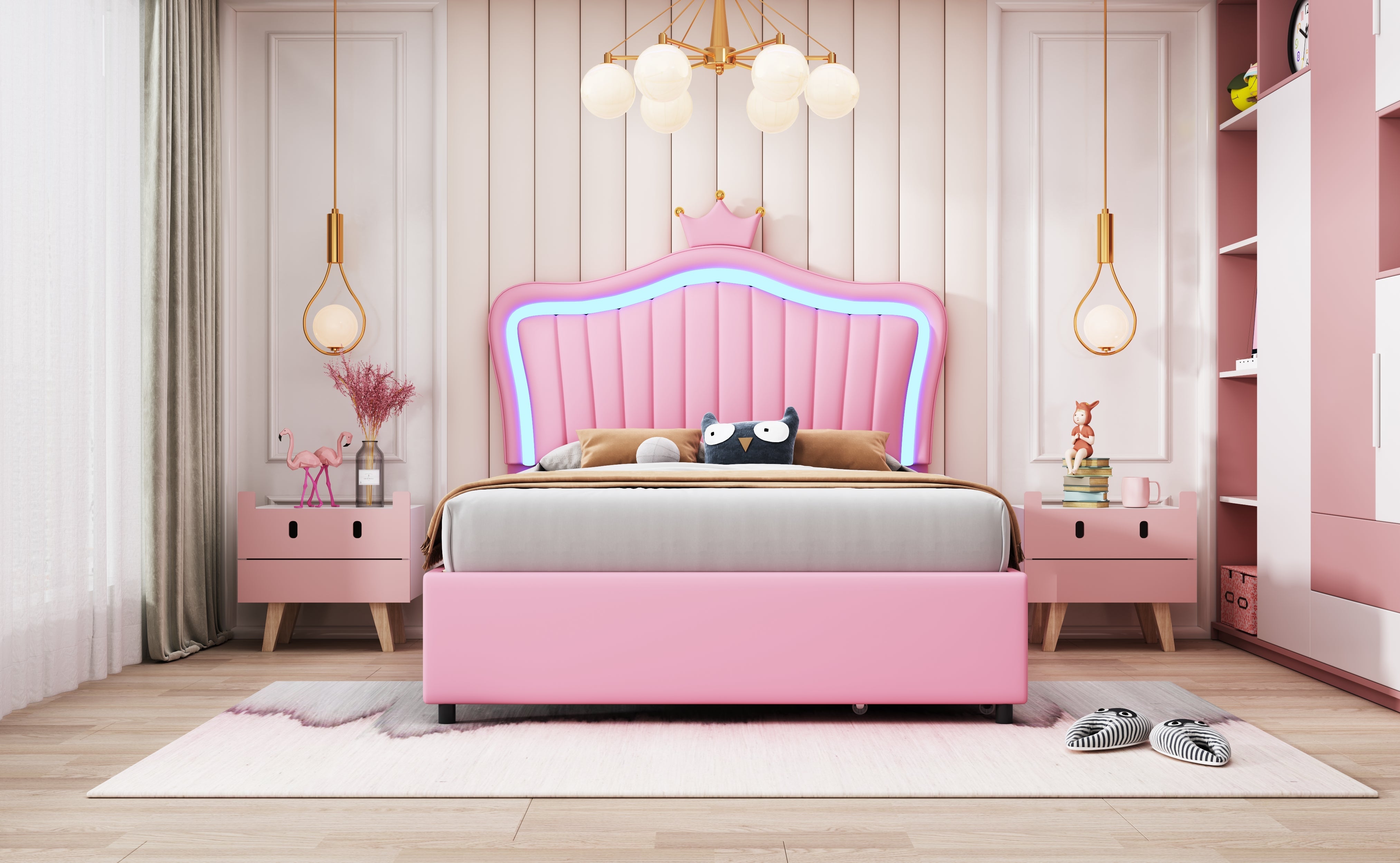 Logidon kinderbed roze 90x200 gestoffeerd bed met LED verlichting