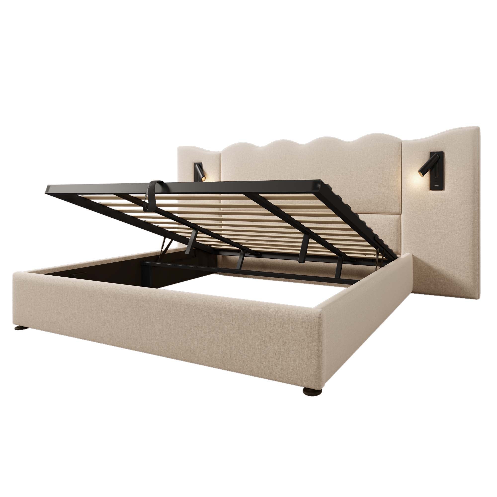 Logidon upholstered bed double bed 180x200 reading lamp USB C beige linen