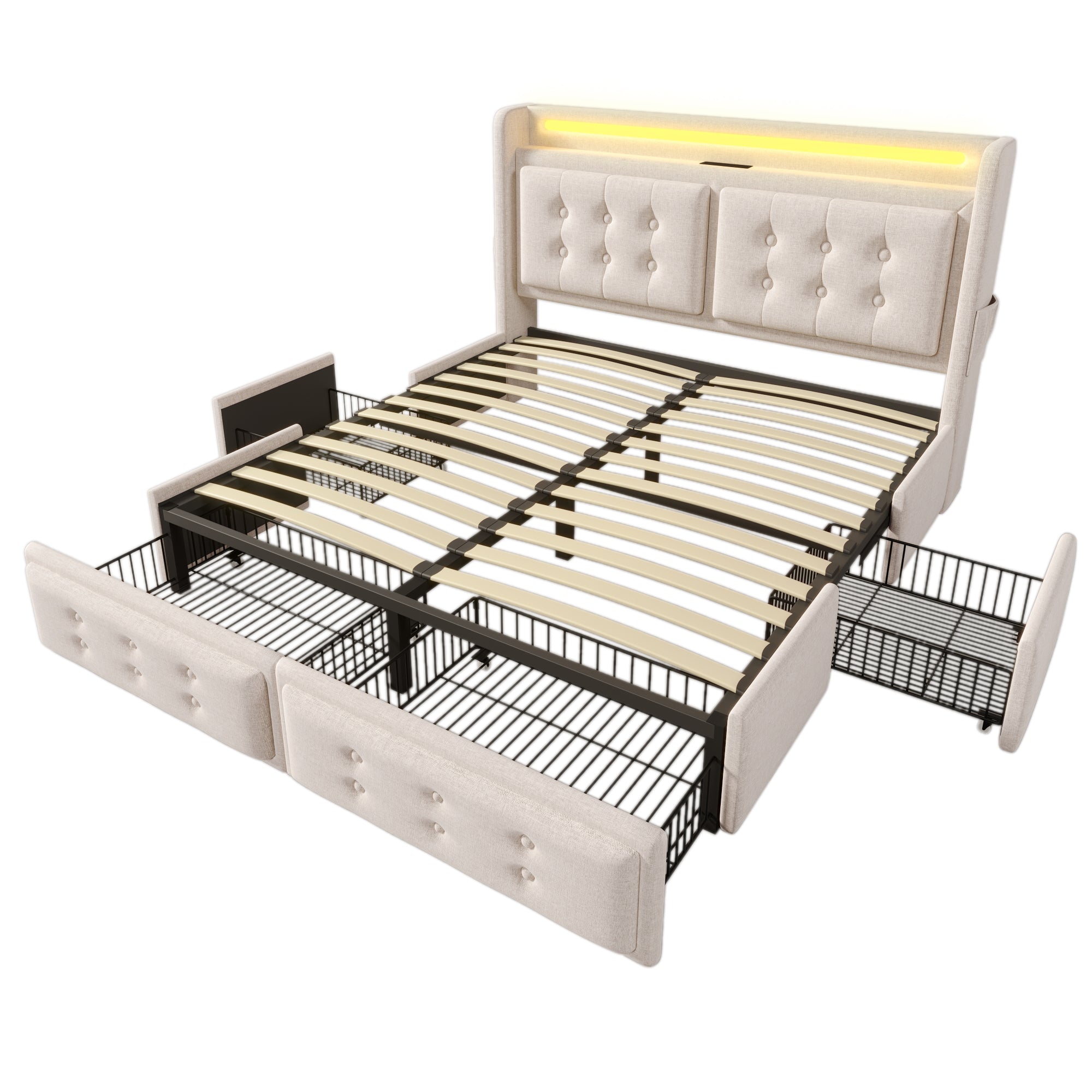 Logidon gestoffeerd bed 160x200 beige LED hoofdbord USB C oplaadfunctie 4 lades