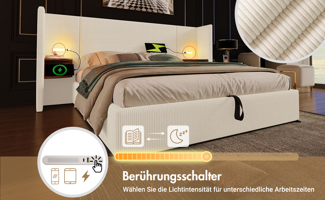 Logidon gestoffeerd bed 180x200 tweepersoonsbed beige-wit corduroy opbergruimte
