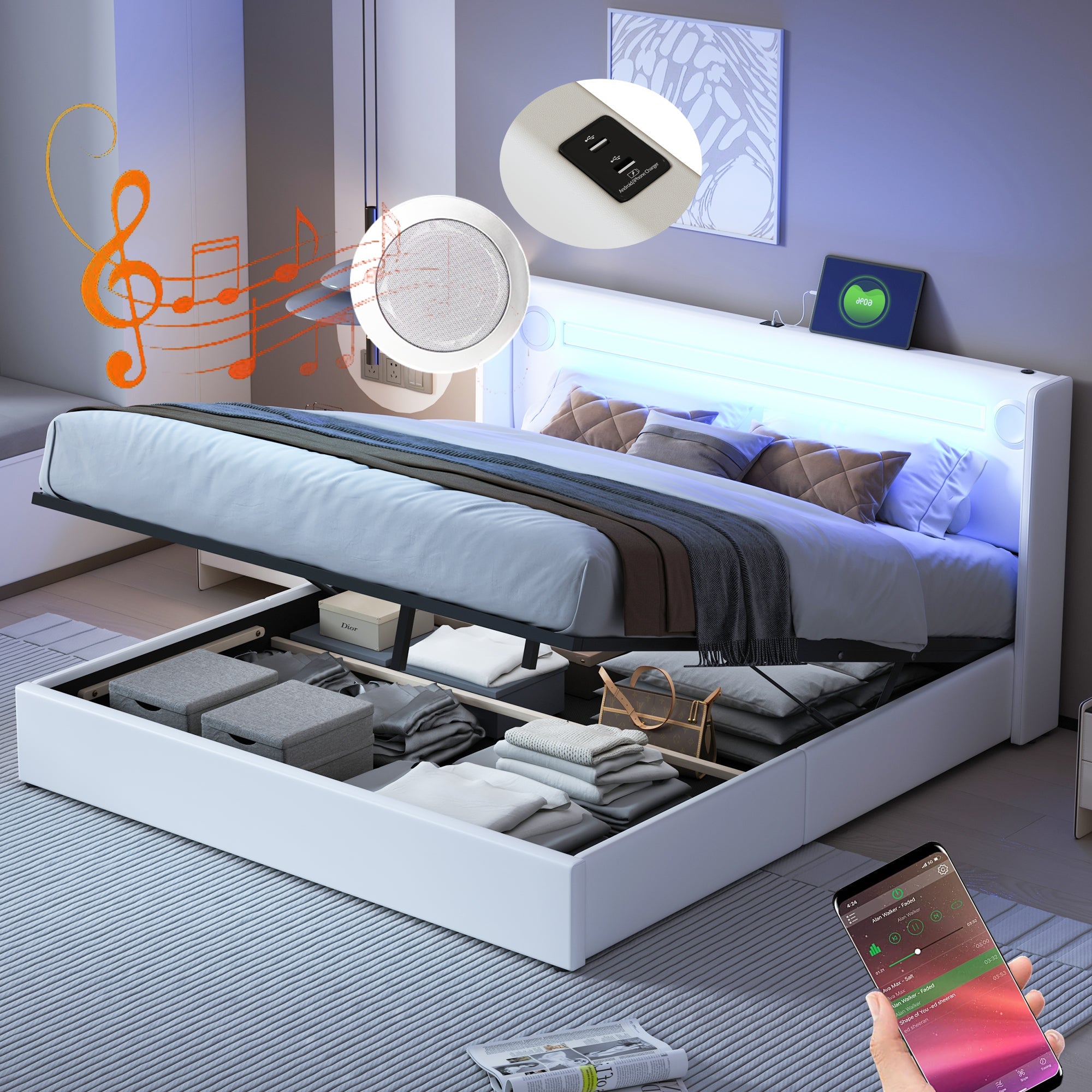 Logidon gestoffeerd bed 160x200 wit met LED lichtstrip Bluetooth USB