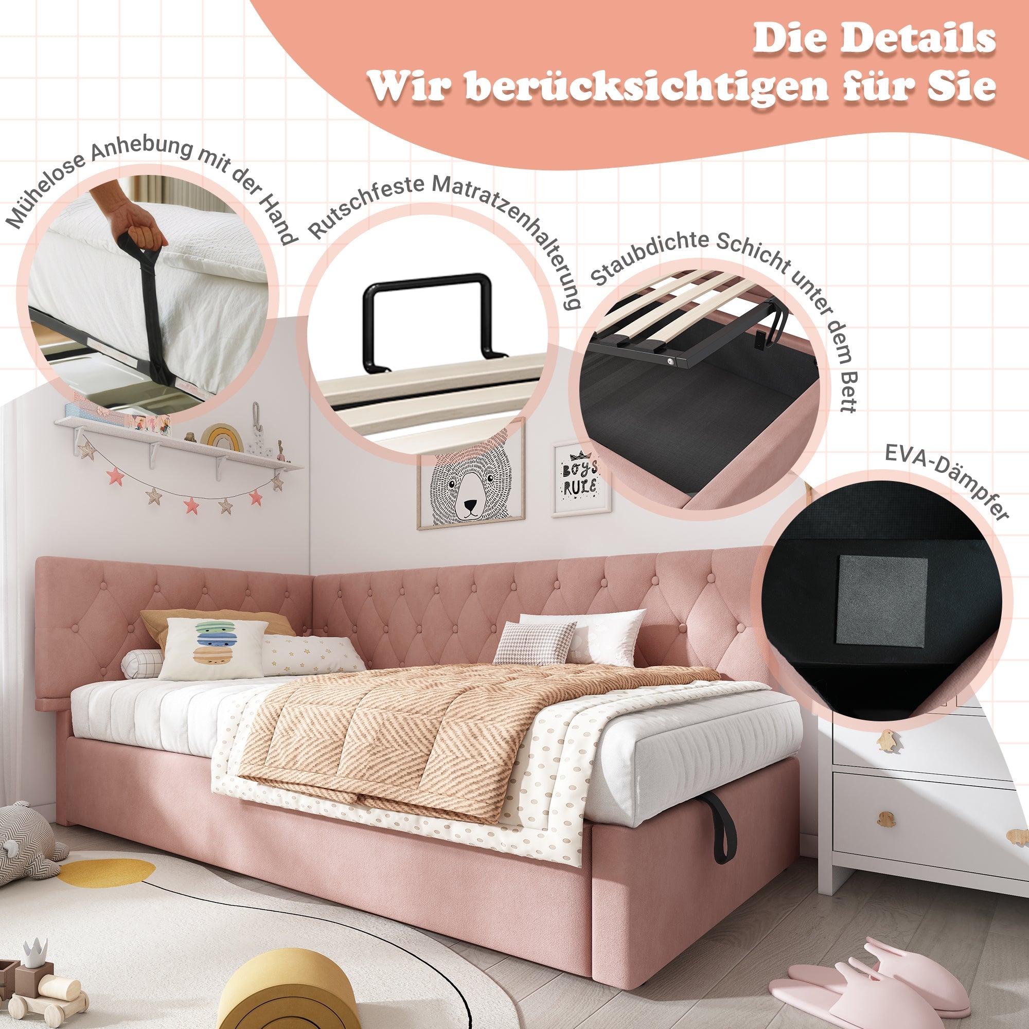 Logidon slaapbank 90x190 roze fluweel met hydraulische opbergruimte