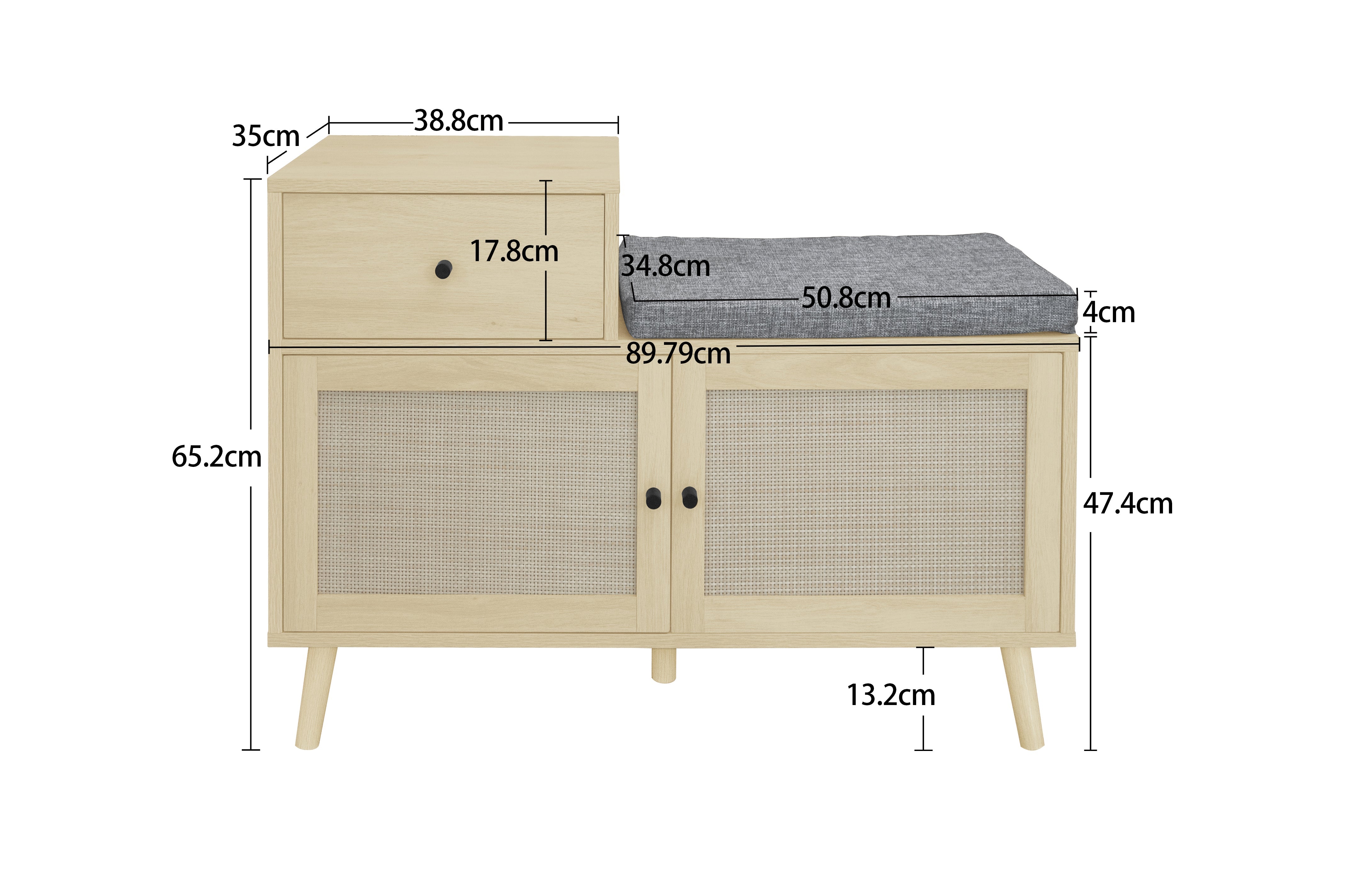 Logidon Boho schoenenbank met rotan deuren en lade 90x35x65 cm