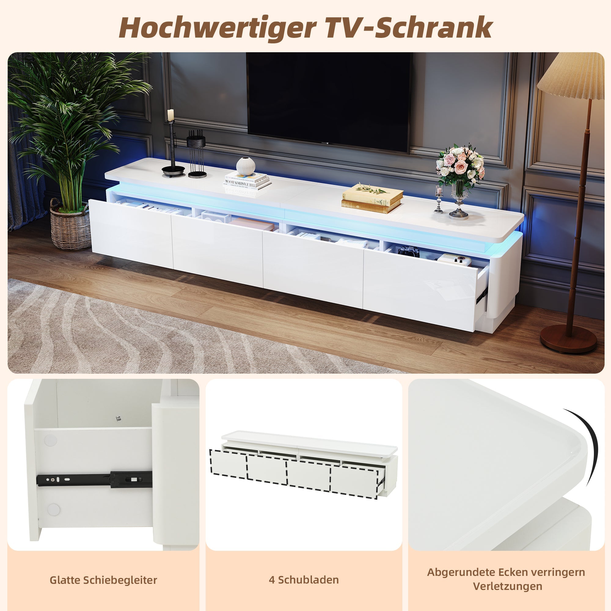Logidon TV-meubel wit 180x34x40 cm met LED-verlichting 4 lades