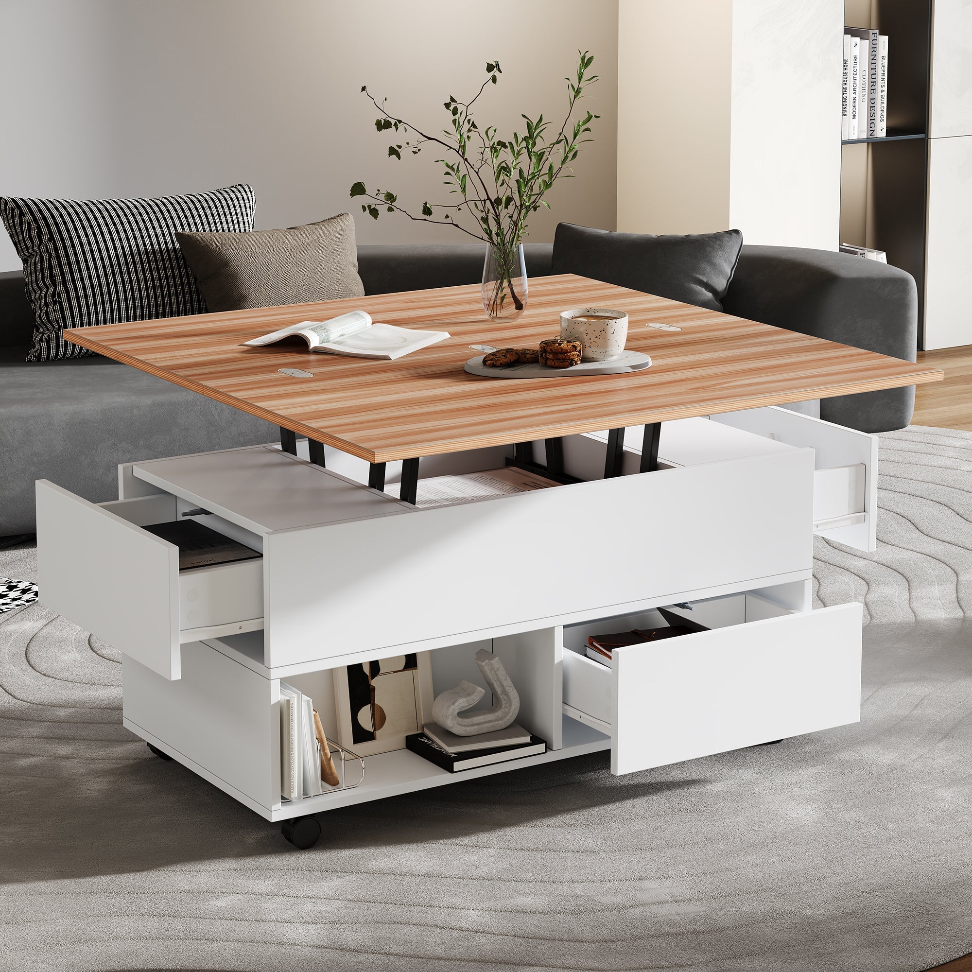 Logidon salontafel Lift Top 100x50 wit houtlook met 4 lades