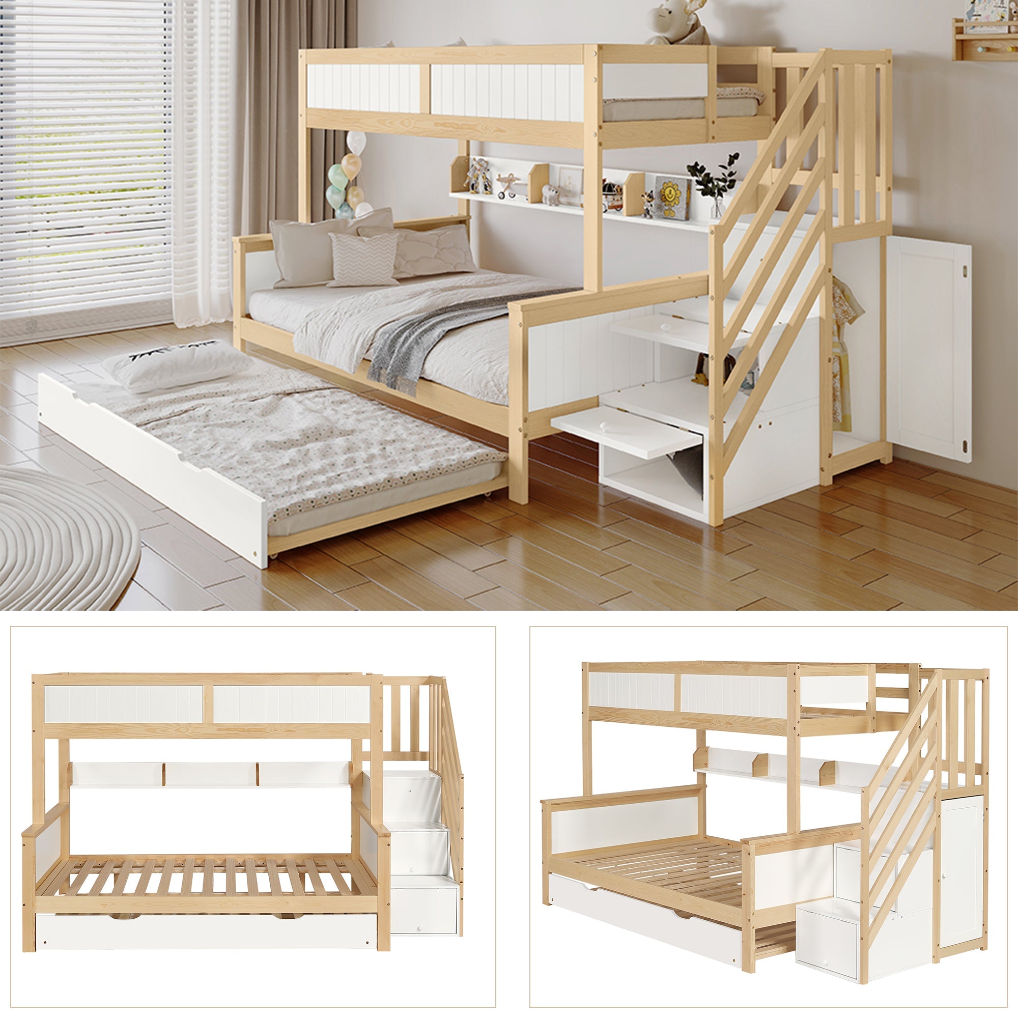 Logidon stapelbed naturel raster hoektrap onderschuifbed 90x200 120x200