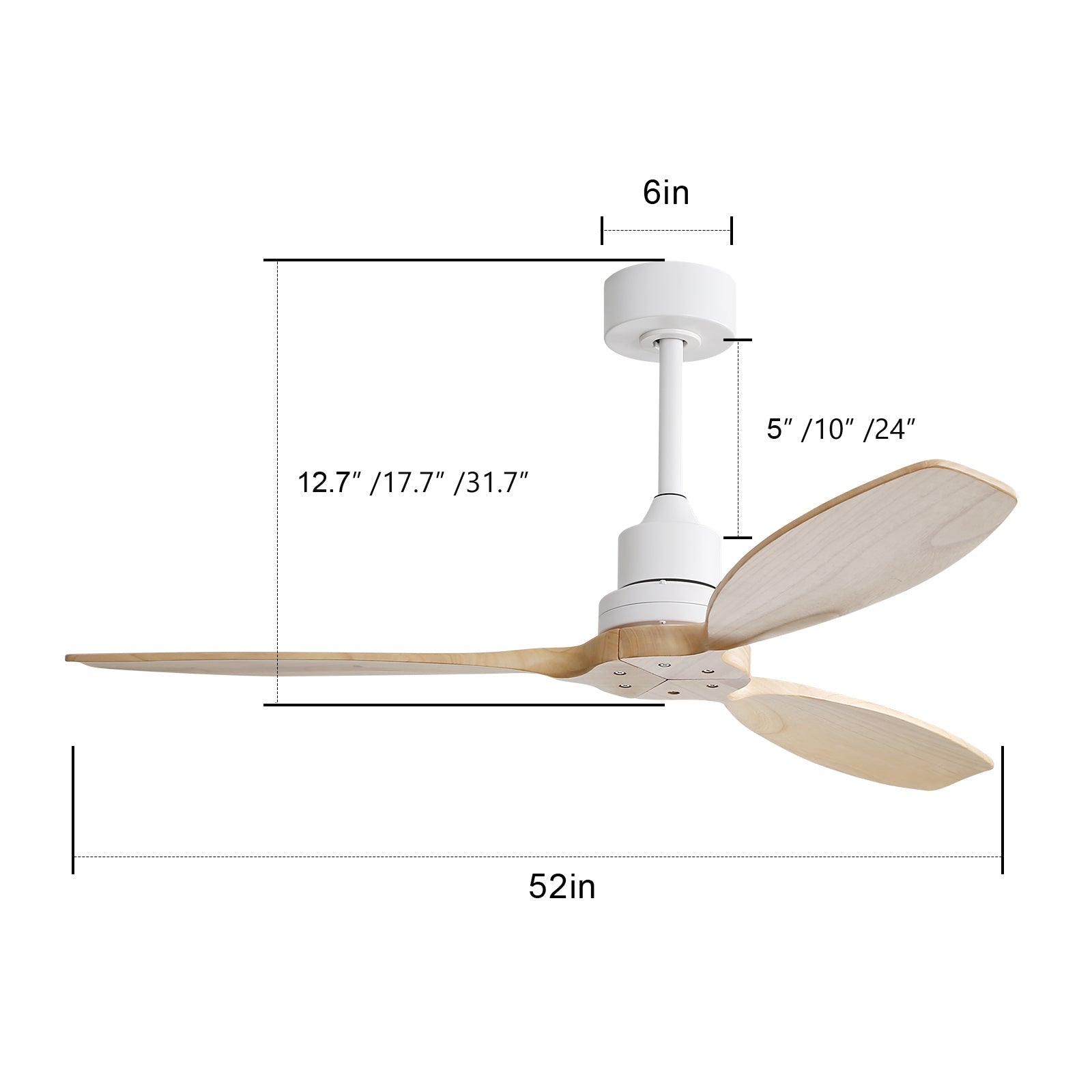 Logidon Plafondventilator 52 Inch Houten Bladen Zonder Verlichting, Wit