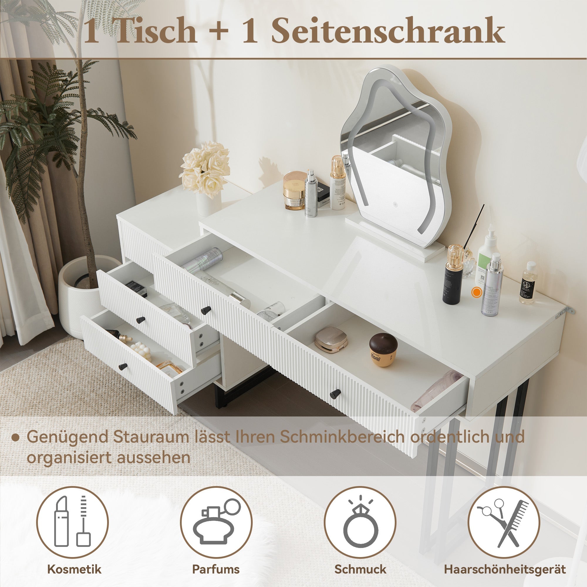 Logidon Kaptafel Witte Spiegel LED Uitschuifbaar Tafelblad