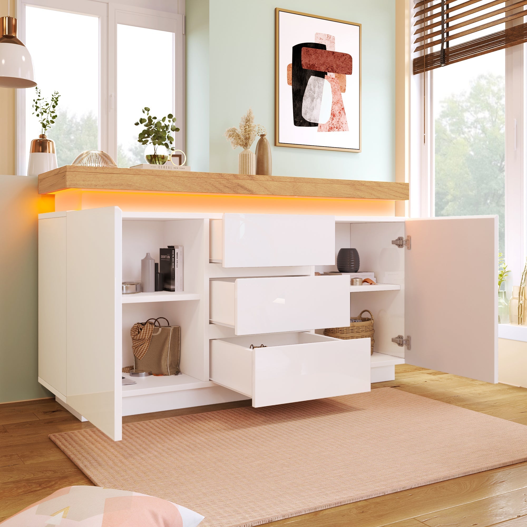 Logidon Wit Dressoir Met LED Verlichting 2 Deurs 3 Lades