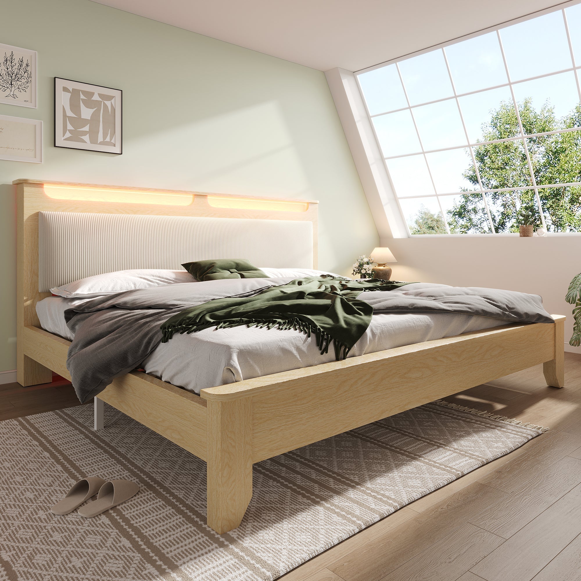 Logidon double bed 140x200 cm beige LED lighting headboard storage space