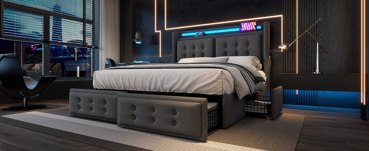 Logidon gestoffeerd bed 140x200 grijs met LED hoofdbord USB-C oplaadfunctie