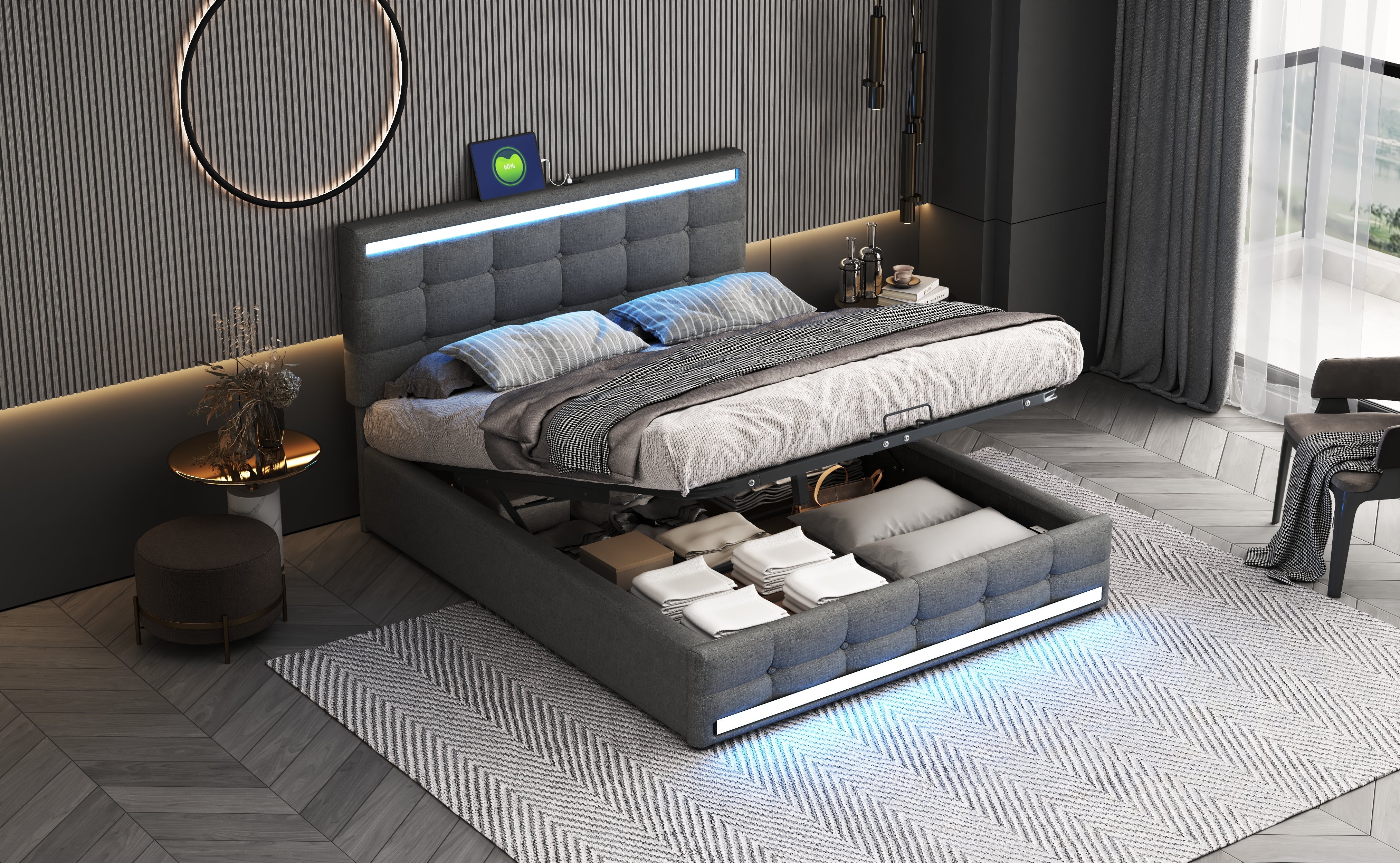 Logidon gestoffeerd bed 140x200 LED, opbergruimte, USB, grijs