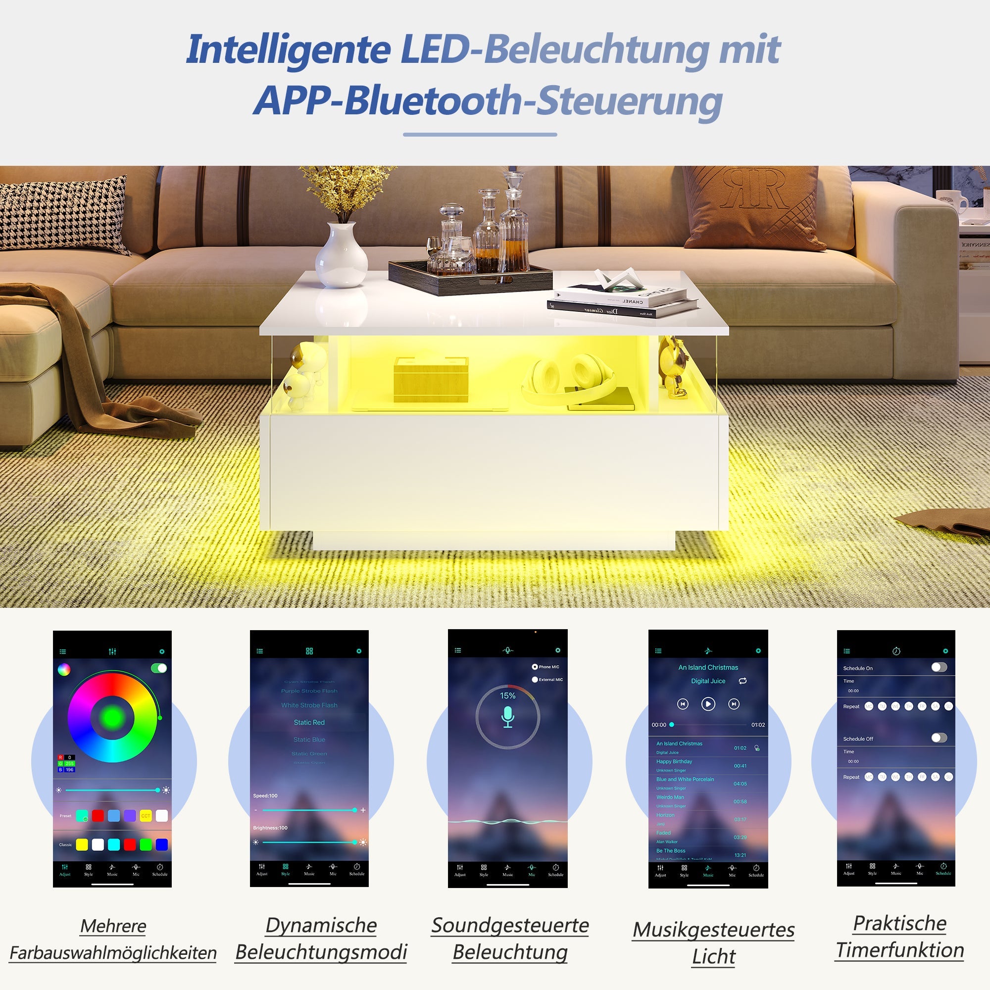 Logidon witte hoogglans salontafel 70x70x41 cm met LED-verlichting