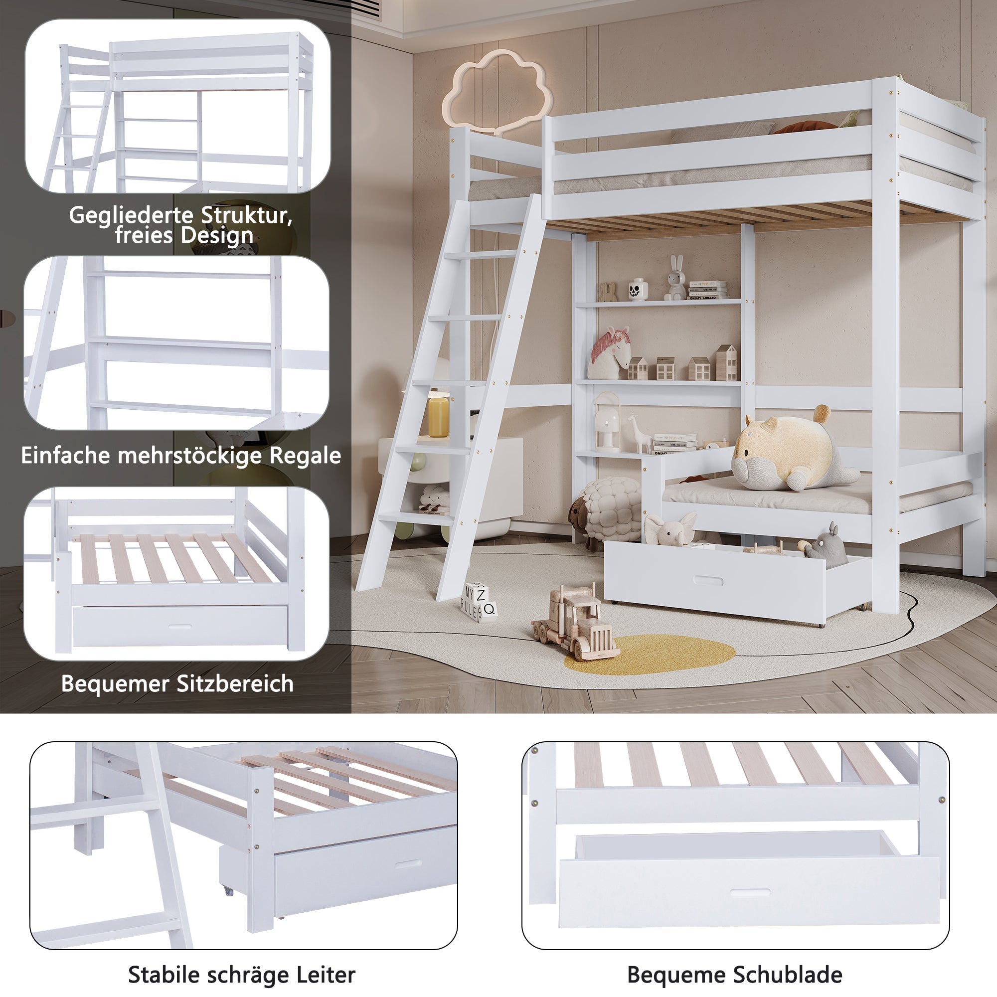 Logidon hoogslaper met bureau - wit kinderbed met lade