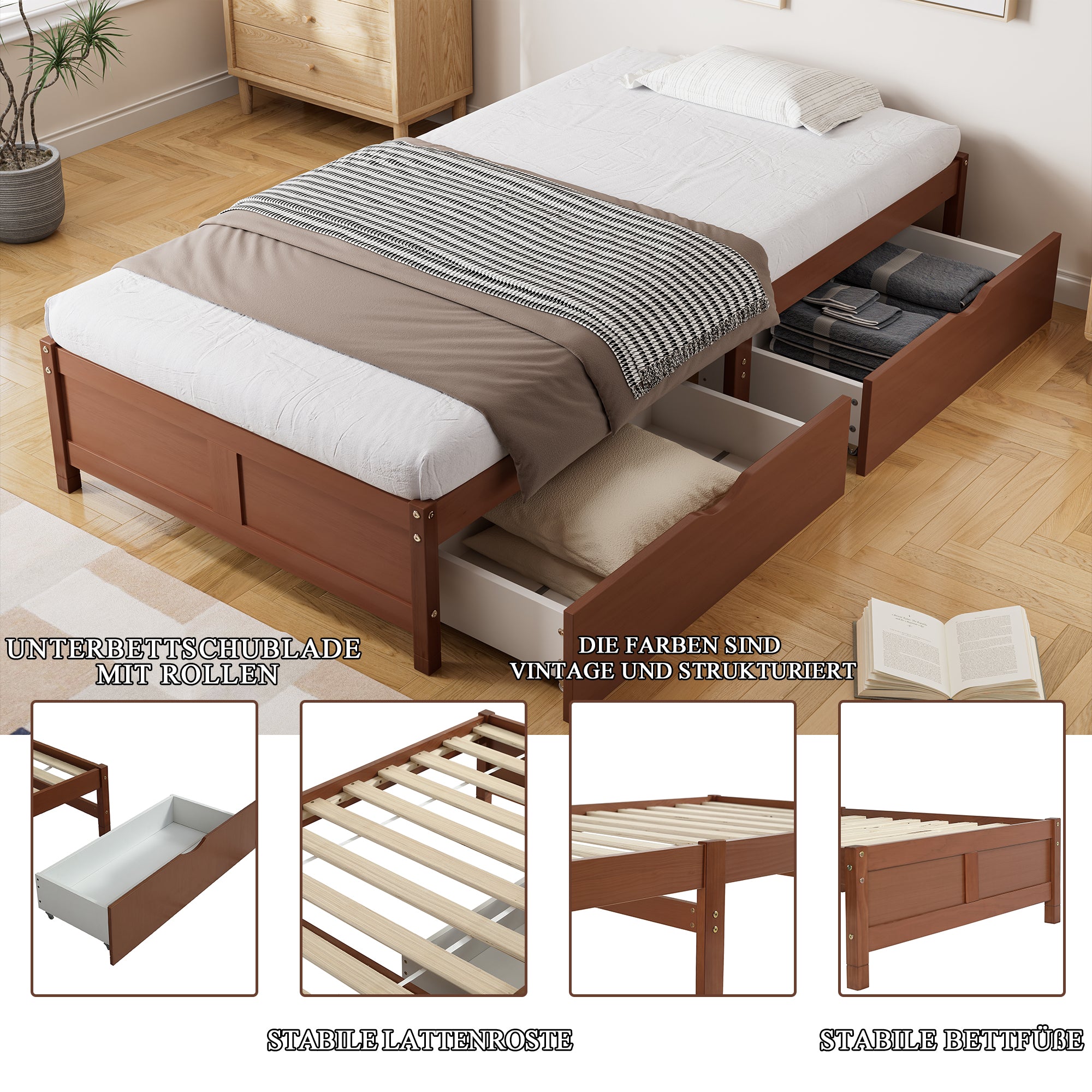 Logidon kinderbed 90x200 roodbruin houten bed met 2 lades en wielen