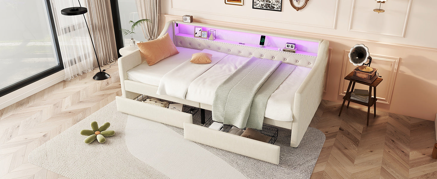 Logidon Daybed 90x200 beige slaapbank met lattenbodem USB-oplaadaansluiting