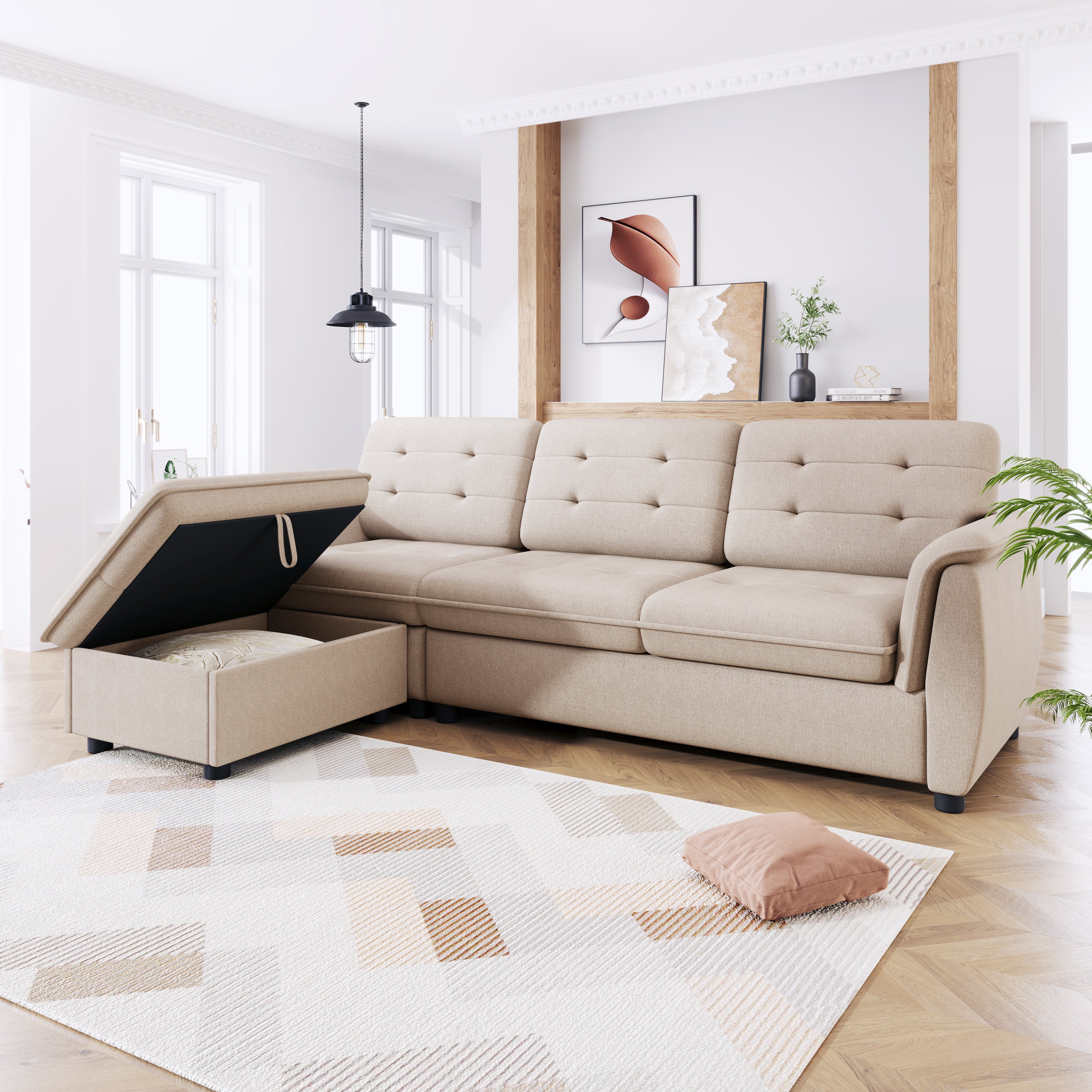 Logidon Corner Sofa L-Shape With Ottoman Storage Beige