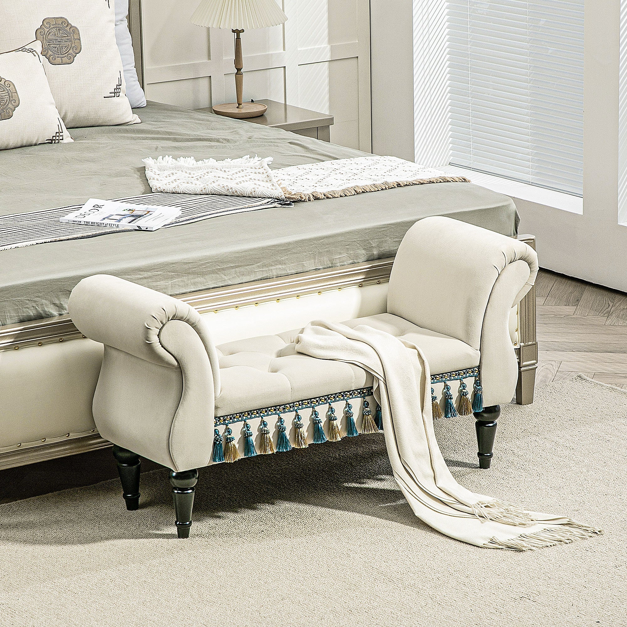 Logidon gestoffeerde bank beige fluweellook met armleuningen 117x40x58 cm