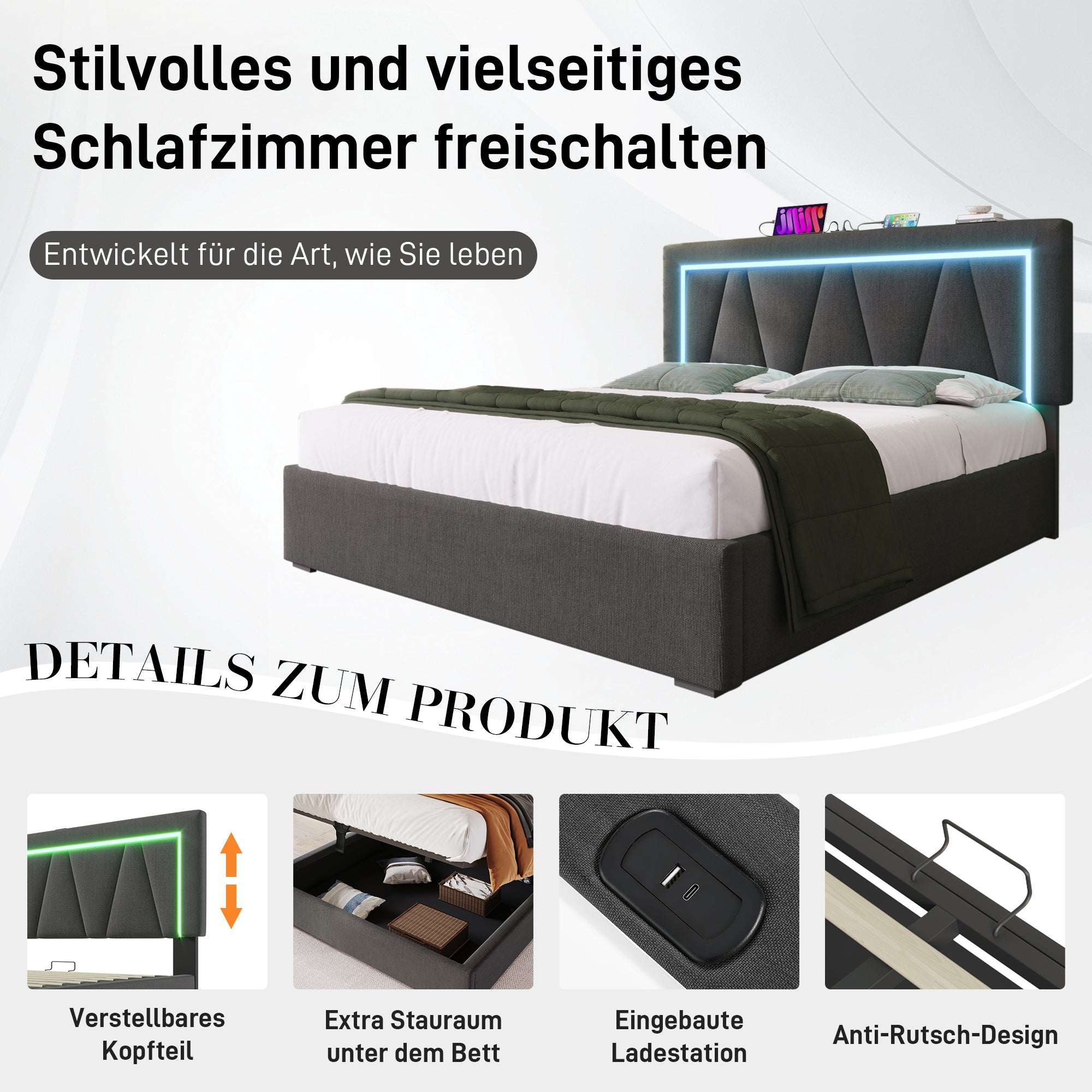 Logidon gestoffeerd bed 160x200 LED-verlichting USB C oplaadfunctie