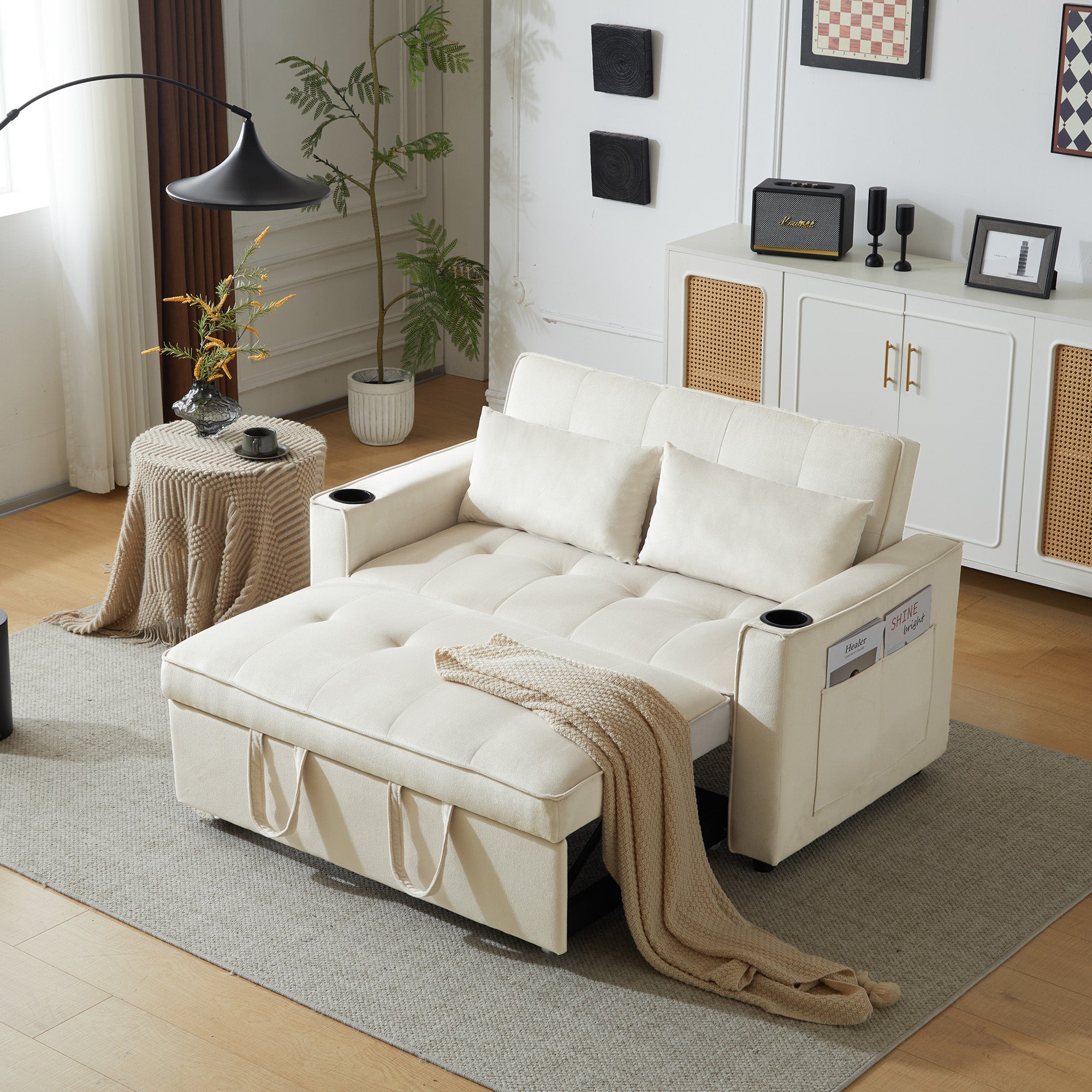 Logidon slaapbank beige fluweel met bekerhouder en kussen