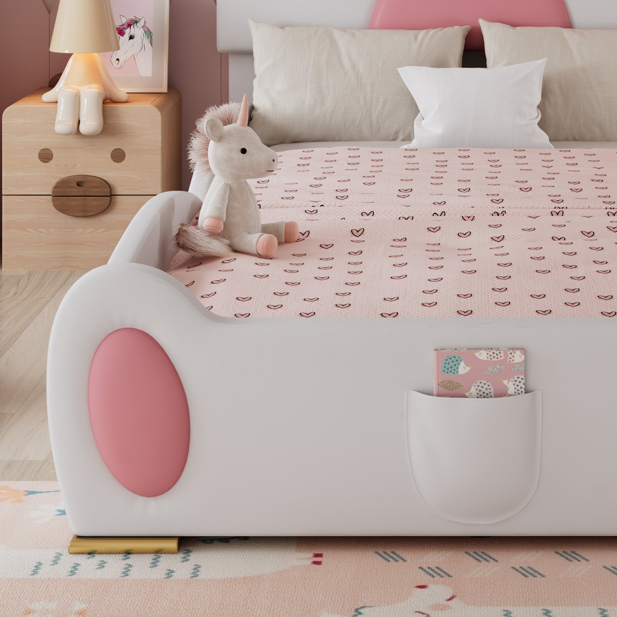 Logidon gestoffeerd bed 90x200 cm wit roze met kattenpoot hoofdeinde