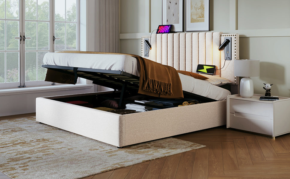 Logidon gestoffeerd bed 160x200 beige met opbergruimte en USB-leeslamp