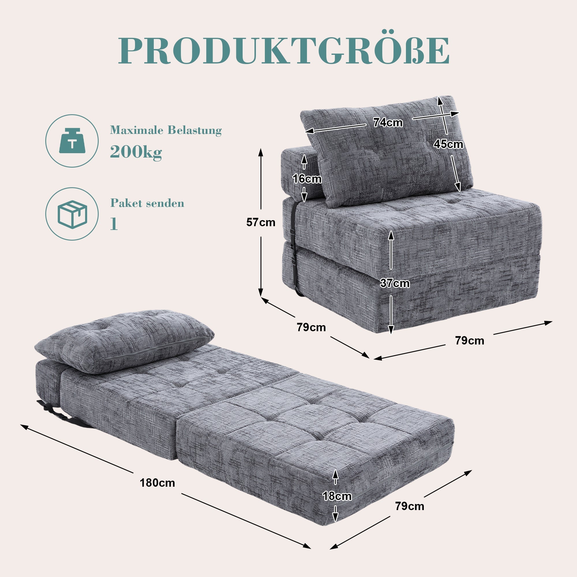 Logidon Opklapbare slaapbank grijs fluweel 79x79 cm met kussen