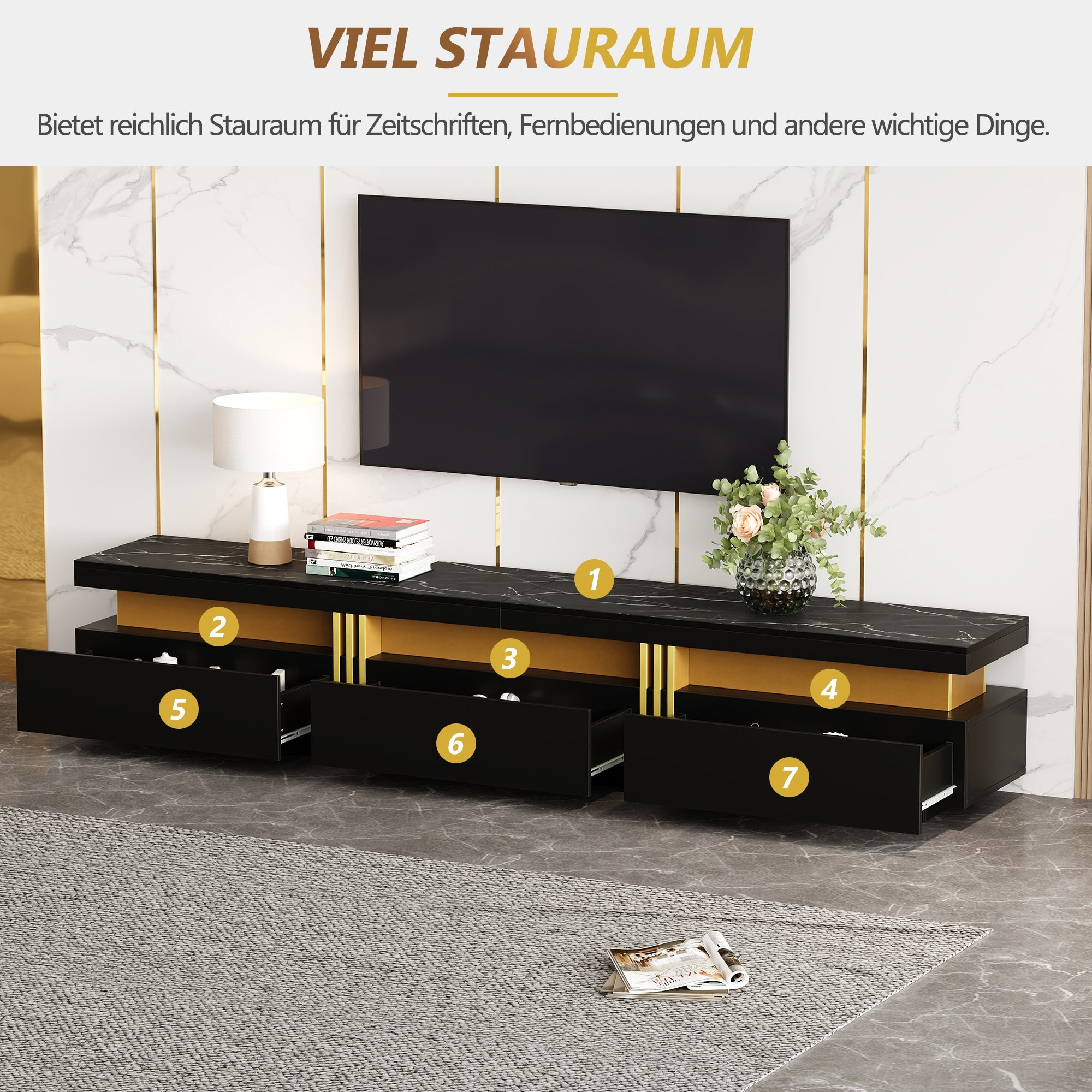 Logidon Modern TV Lowboard Black Marble Look 200 x 40 x 42 cm