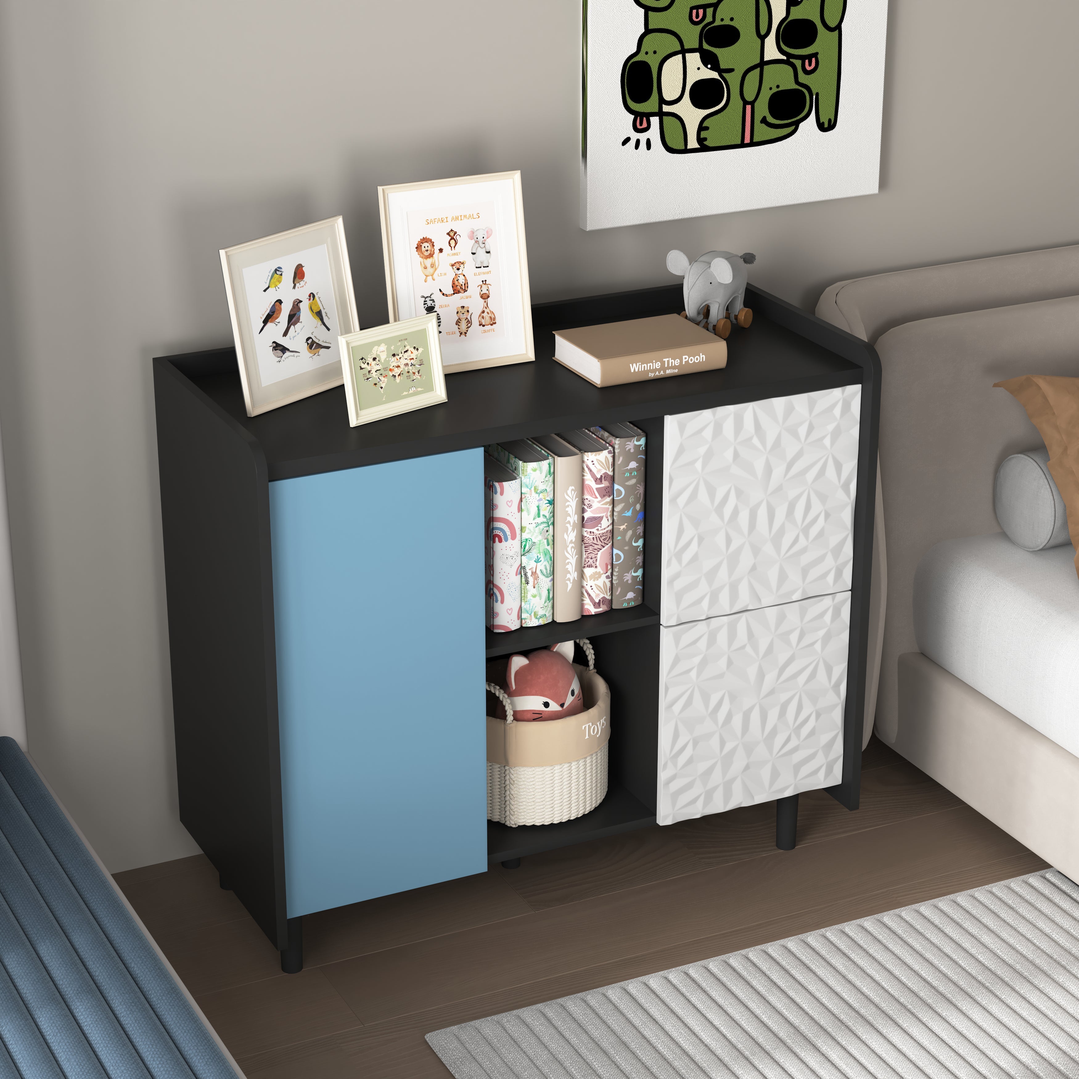 Logidon Dressoir Buffetkast 90 cm Blauw Wit Geometrische Fronten