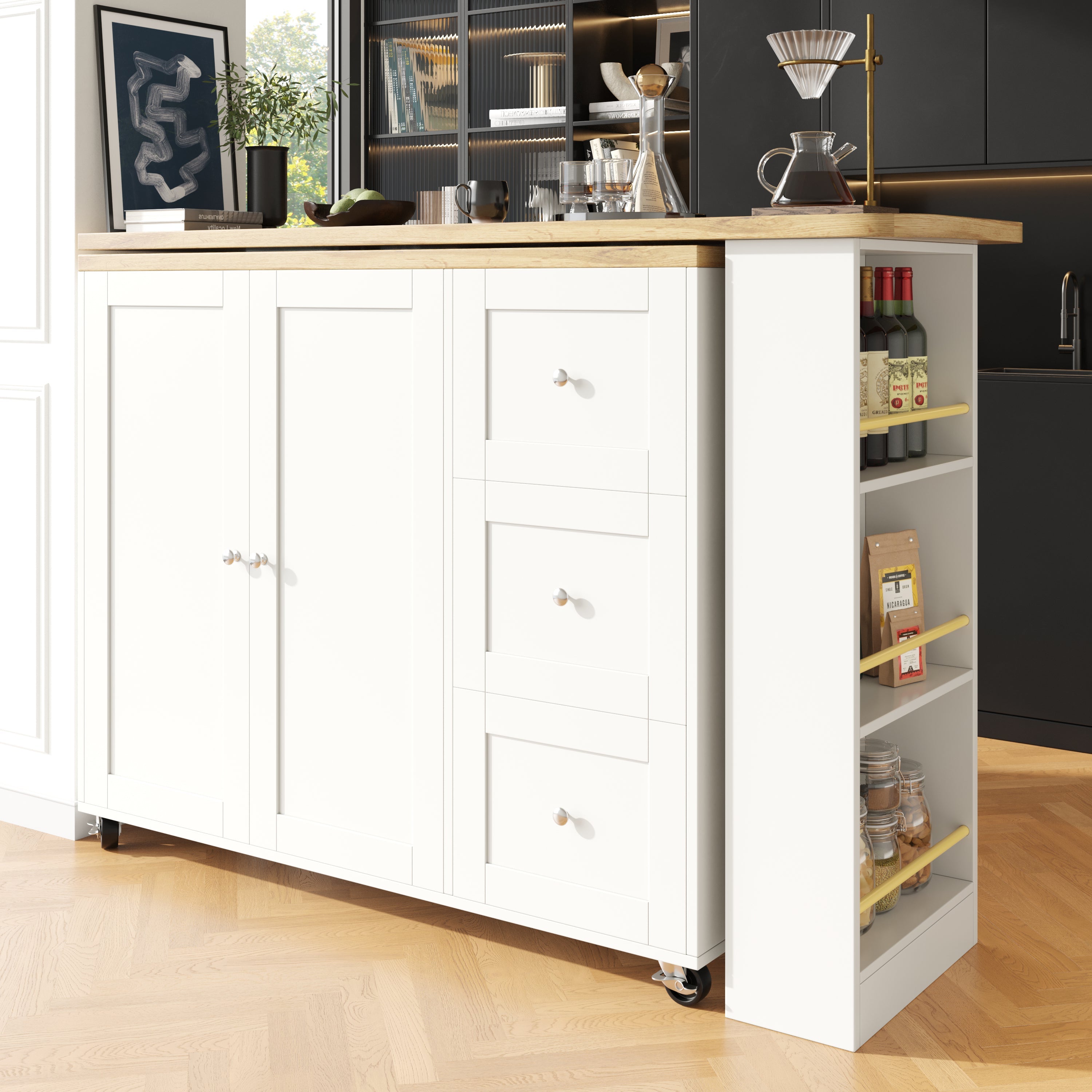 Logidon Swivel Dining Table White with Wheels Three Drawers 138-209 cm