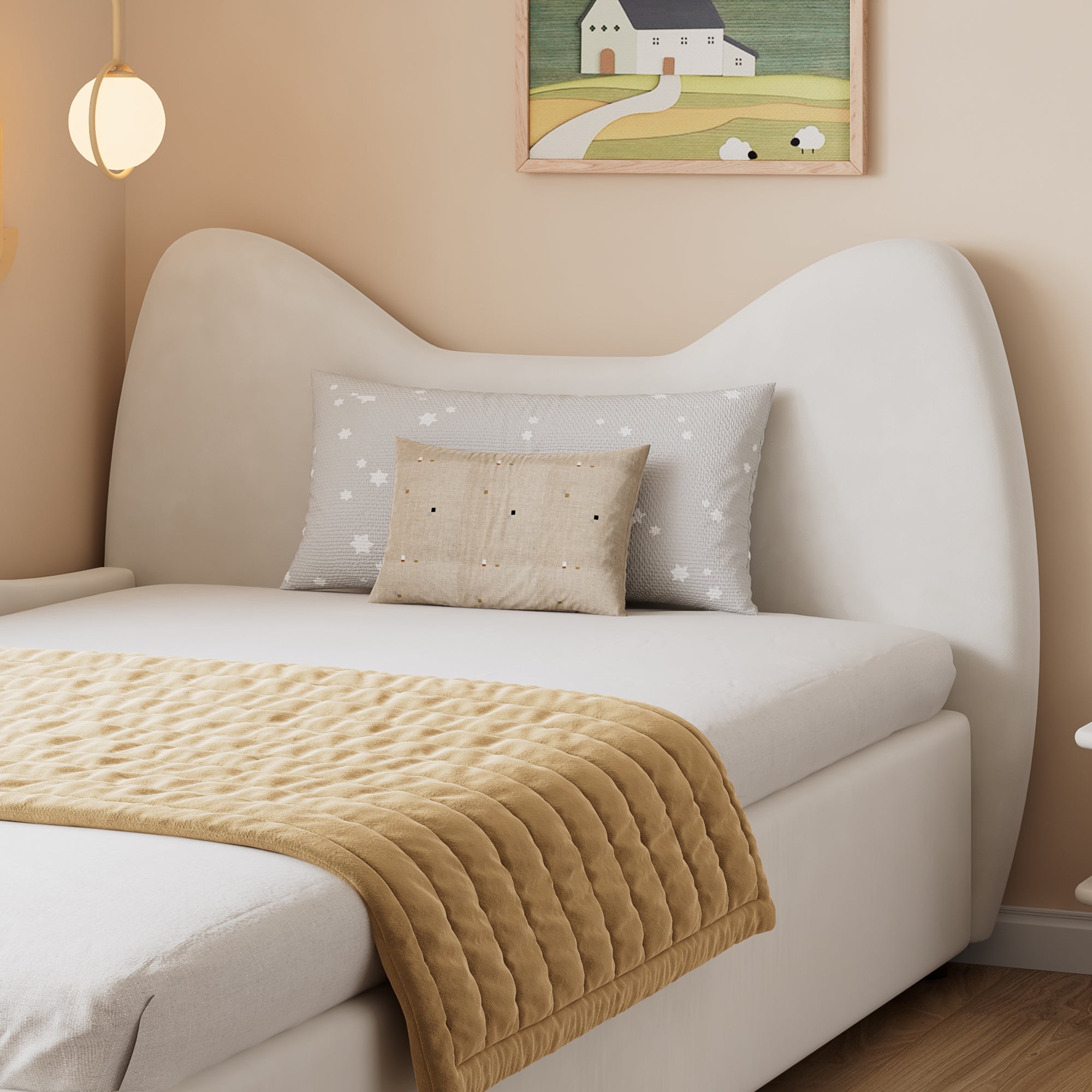 Logidon gestoffeerd kinderbed 90x200 beige kattendesign met opbergruimte