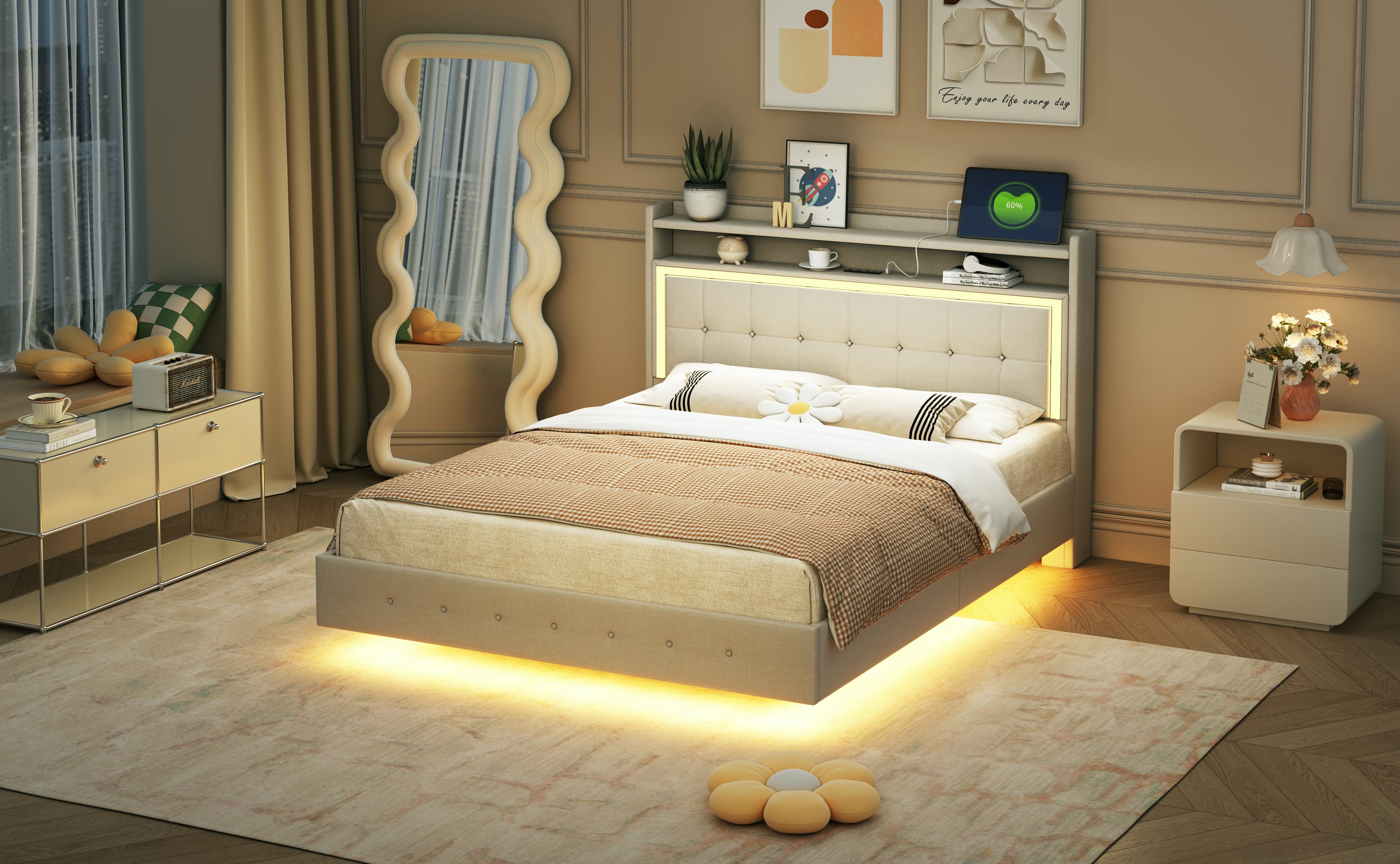 Logidon gestoffeerd bed 140x200 beige linnen met USB-aansluiting LED-verlichting