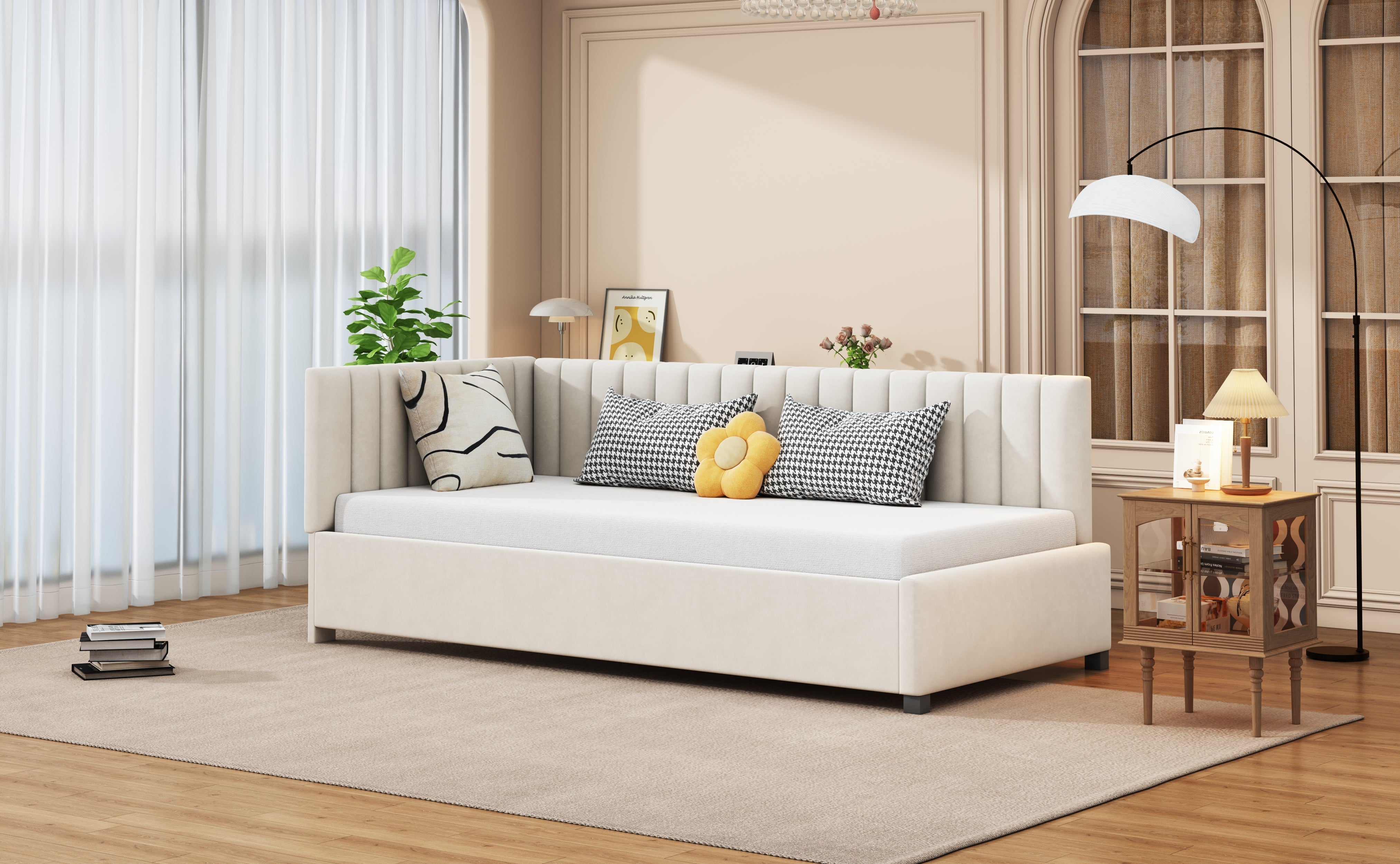 Logidon upholstered bed 90x200 multifunctional bed with slatted frame beige velvet