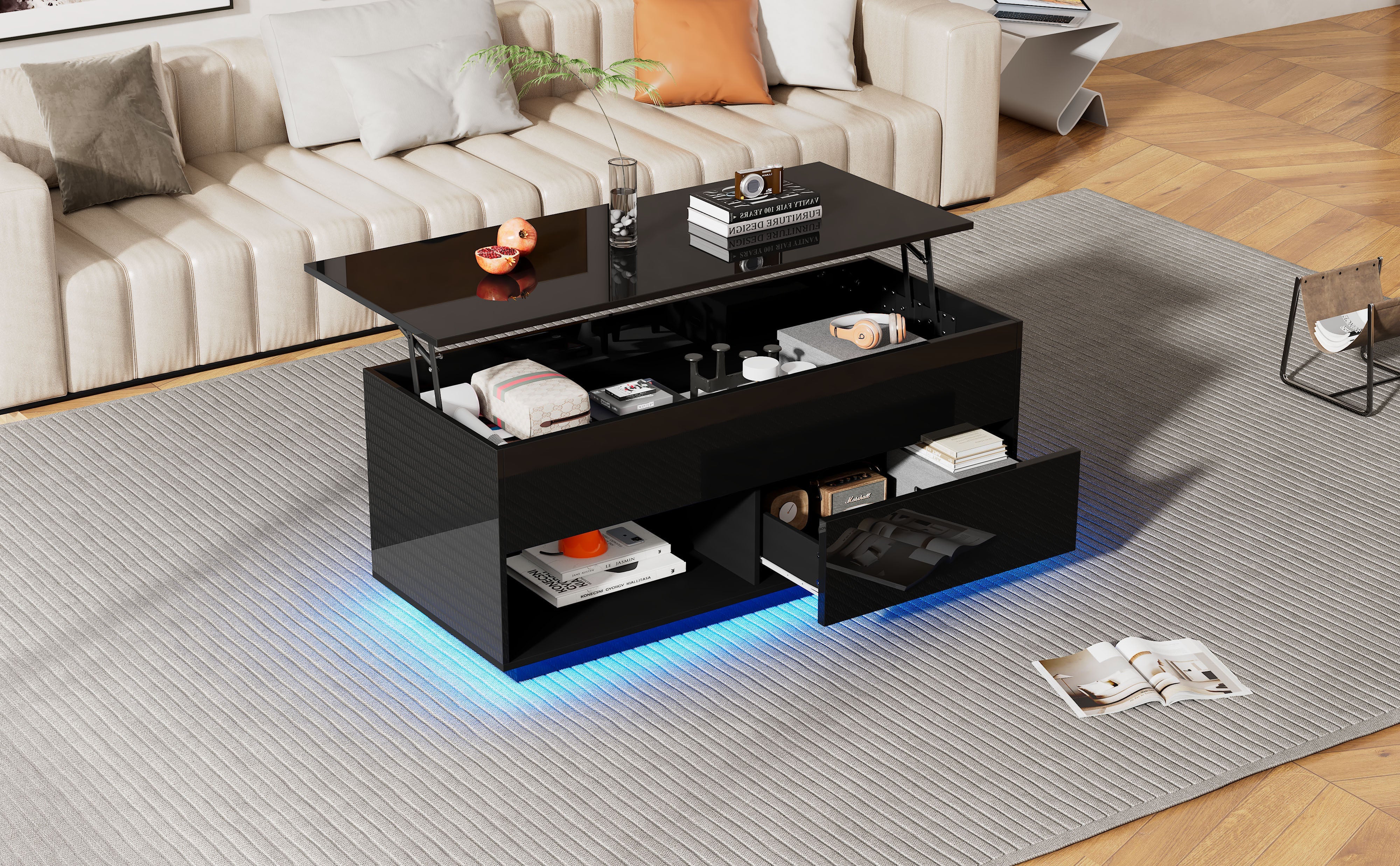 Logidon hoogglans salontafel 100x50x55 cm zwart LED-verlichting