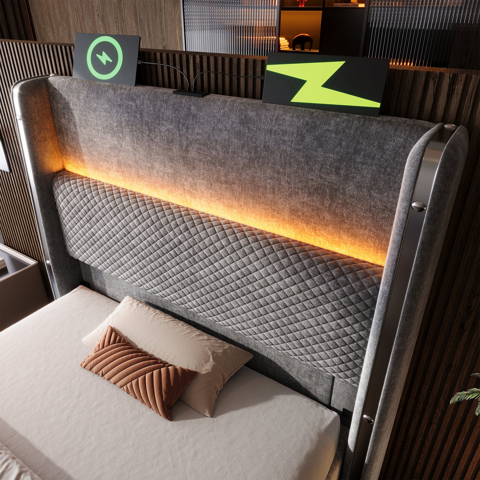 Logidon hydraulisch bed 90x200 grijs linnenlook met opbergruimte LED