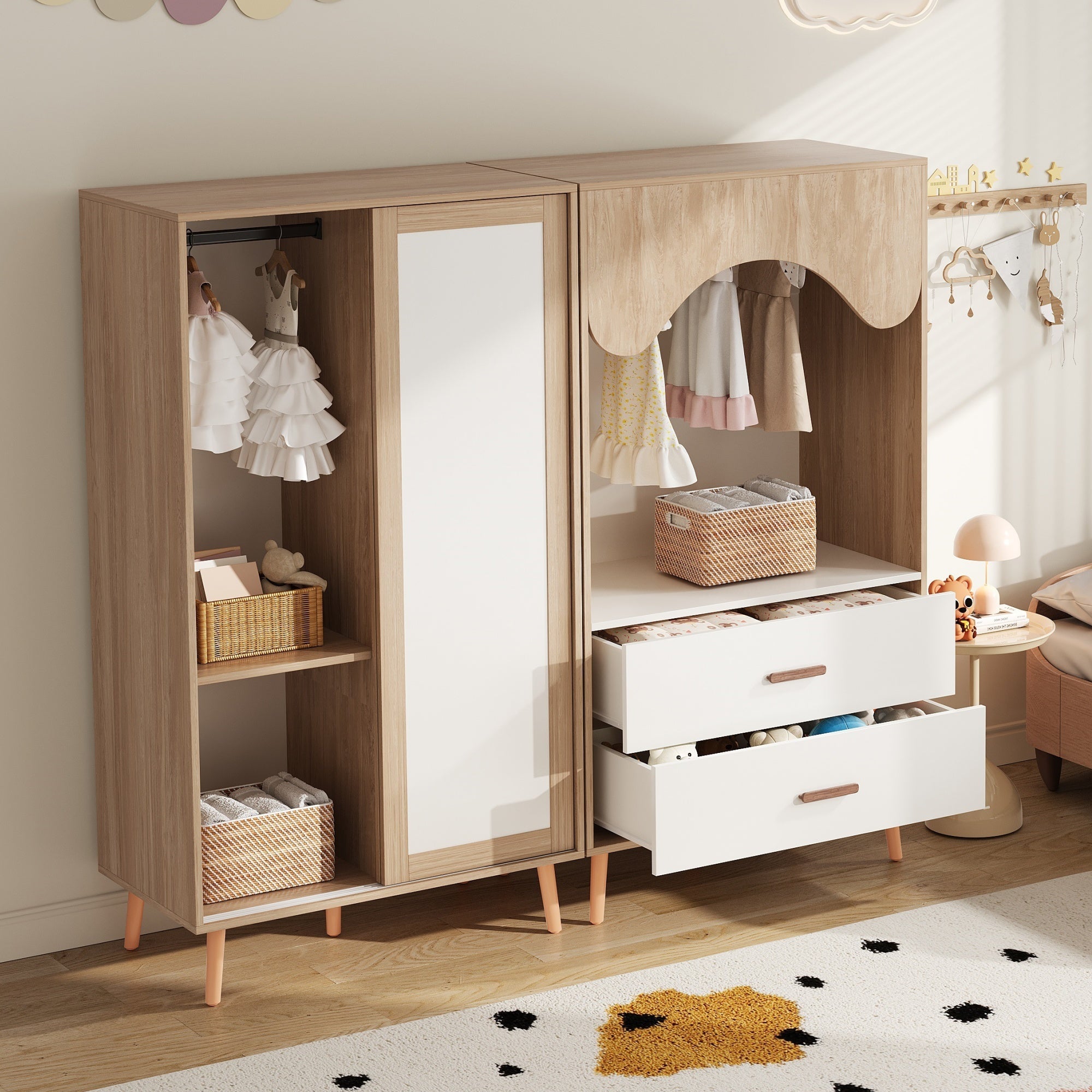 Logidon Children's Wardrobe Sliding Door Open Wardrobe White Natural Wood 141.5 cm