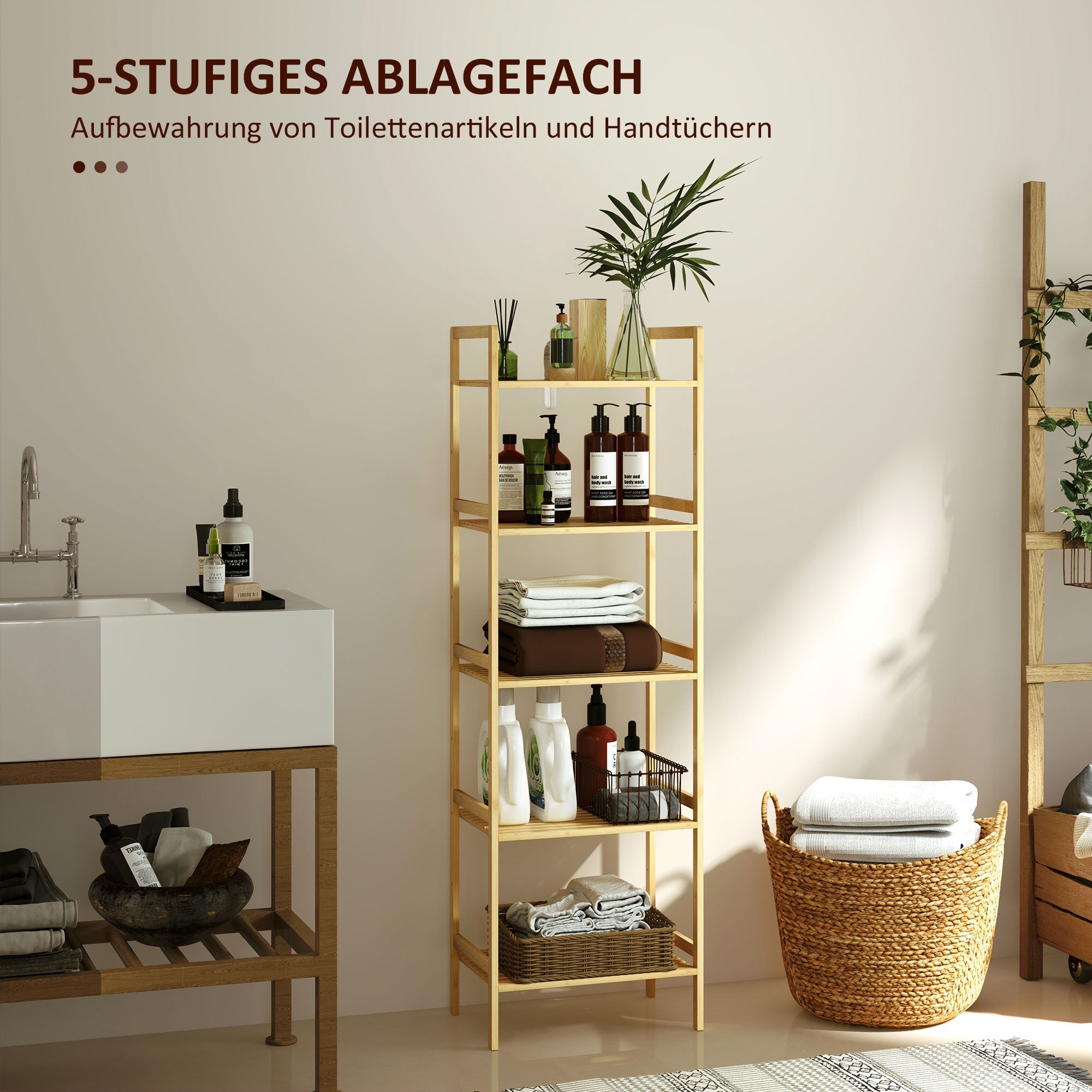 Logidon badkamerplank bamboe - 5 verstelbare niveaus, 142 cm hoog