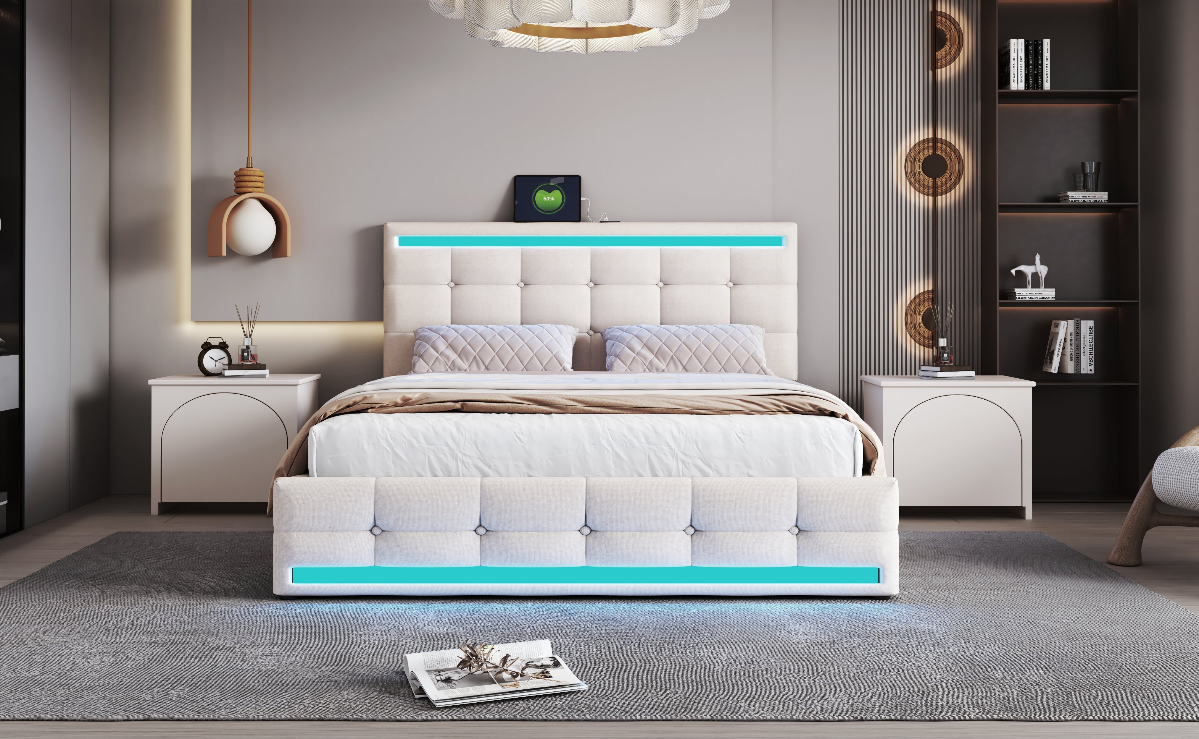 Logidon gestoffeerd bed 140x200 beige met LED verlichting en opbergruimte