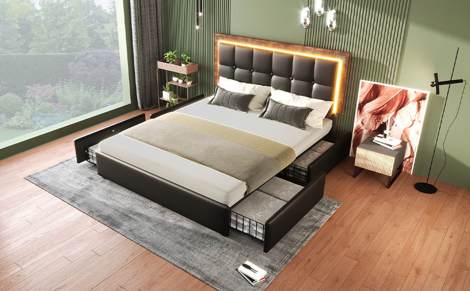 Logidon bedframe 140x200cm met LED-verlichting 4 lades zwart