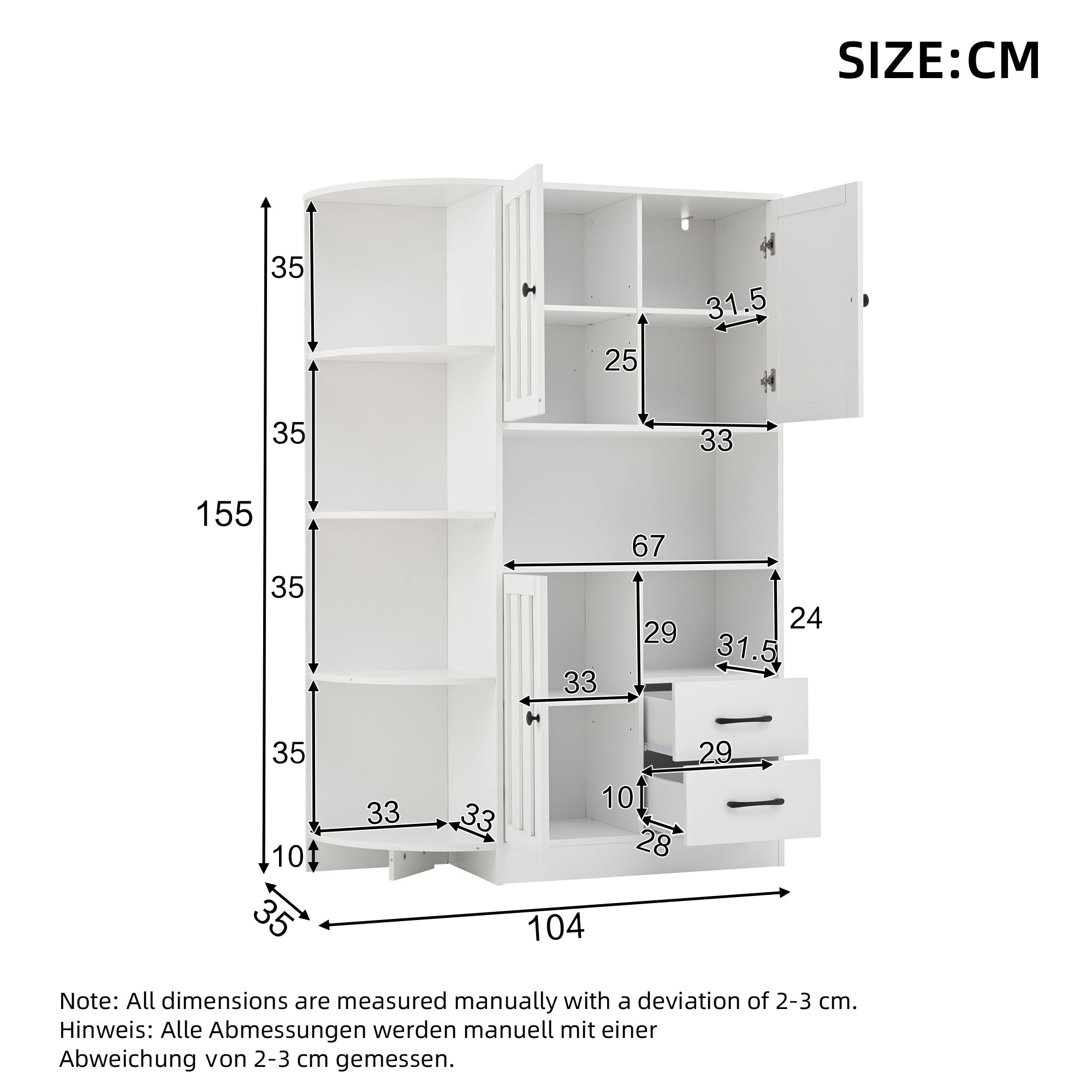 Logidon hoekkast wit 104x35x155 cm vitrinekast 3 deuren 2 lades