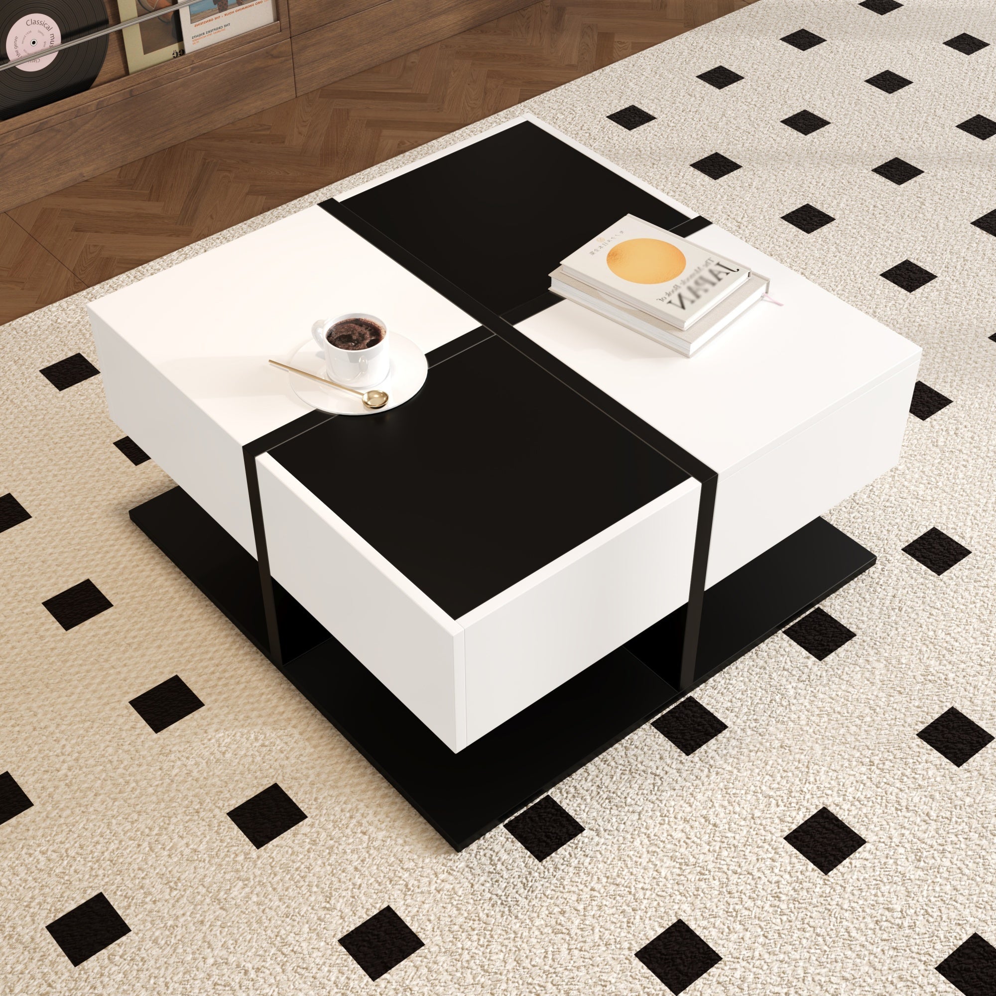 Logidon Moderne Salontafel Zwart Wit 70x70x35,5 cm Met 2 Laden
