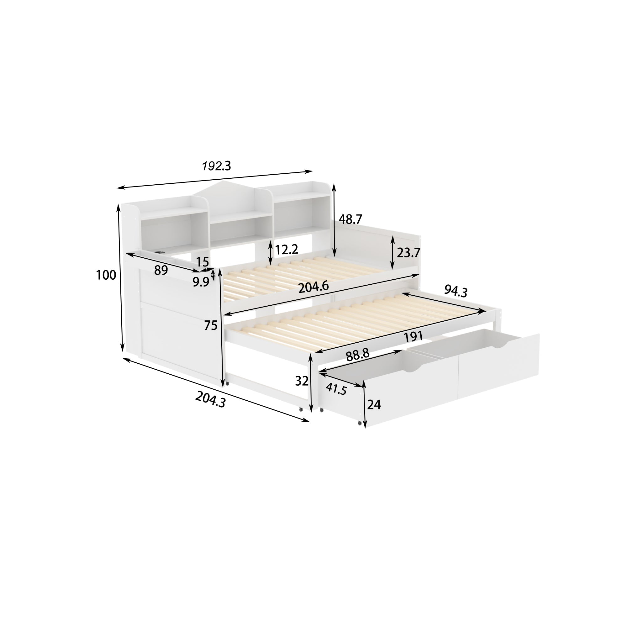 Logidon slaapbank 90x200 wit uitschuifbaar bed 90x190 twee laden