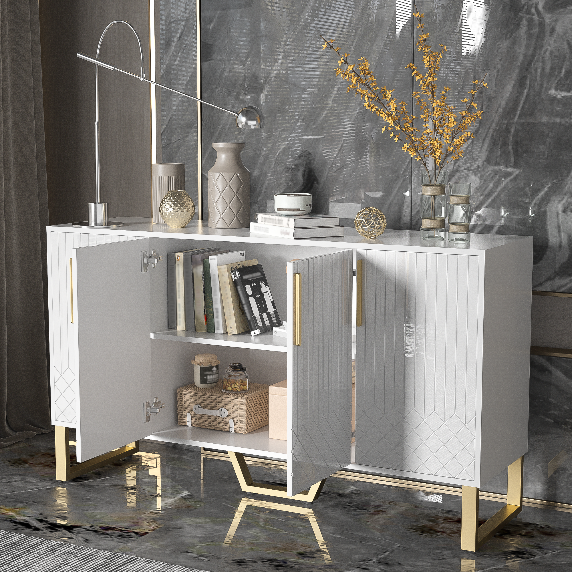 Logidon hoogglans dressoir wit 4 deuren geometrisch ontwerp 140x40x80