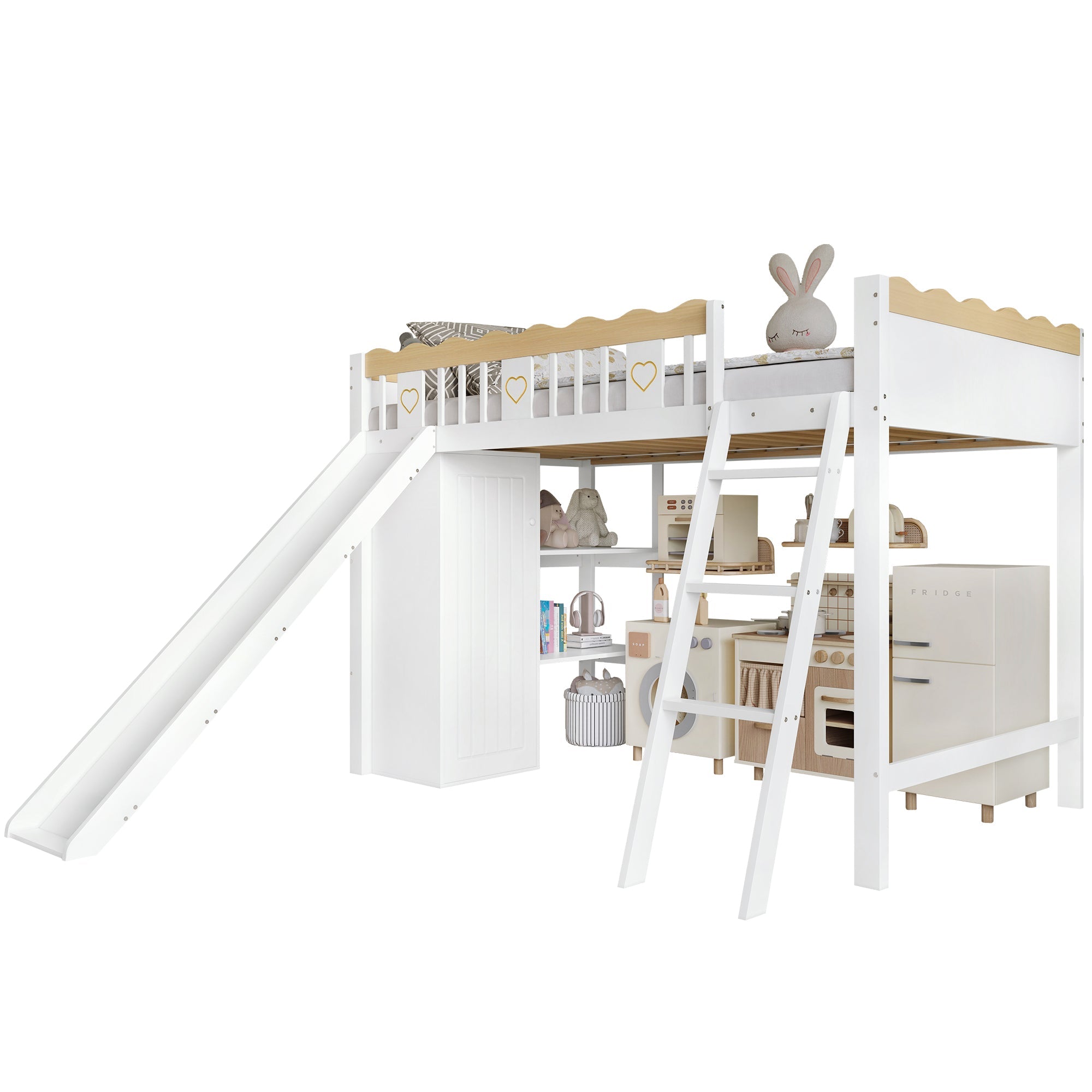 Logidon hoogslaper 90x200 cm met glijbaan en kledingkast wit naturel